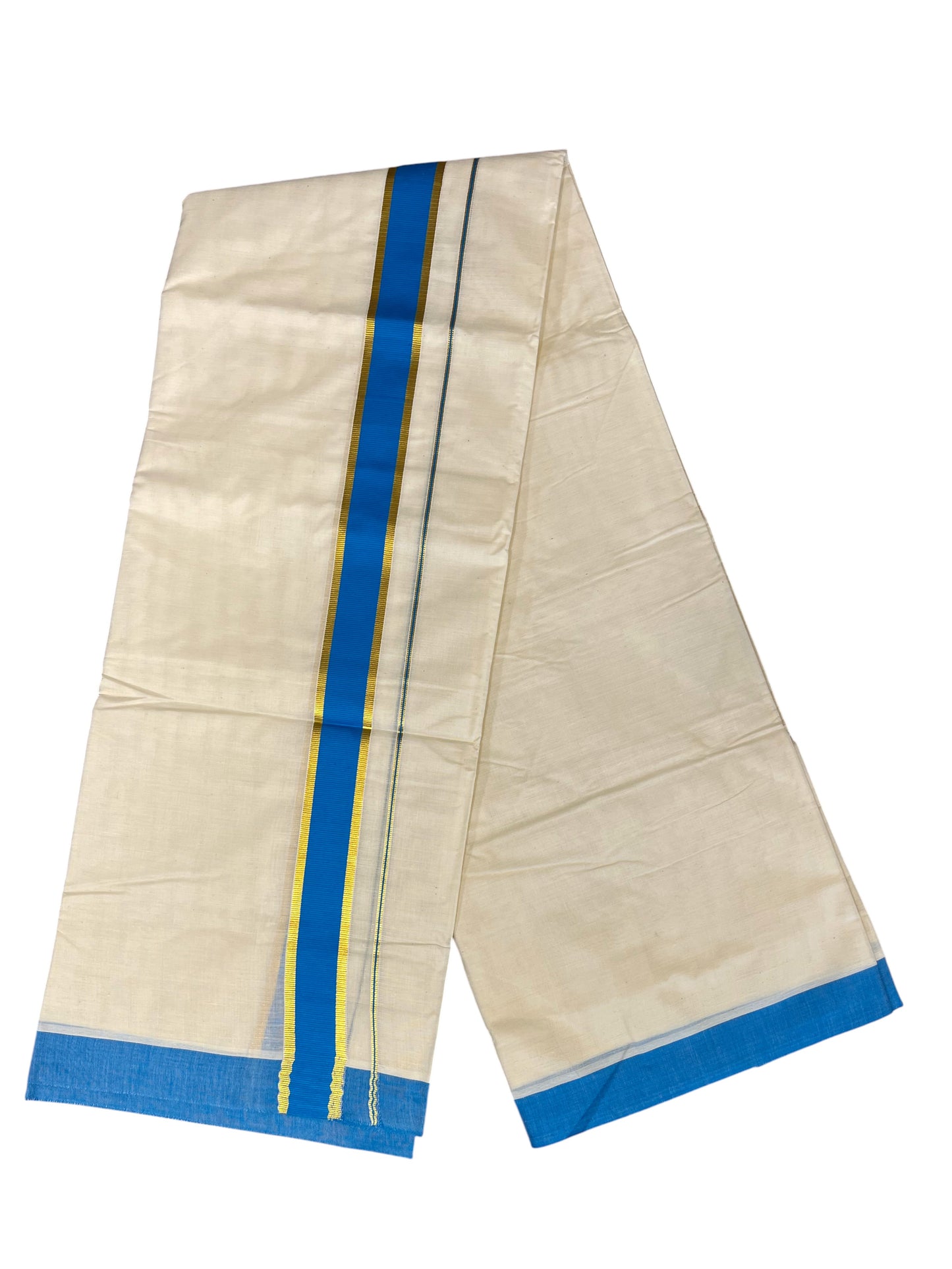 Southloom Pure Cotton Mundu with Gold Kasavu and Blue Colour Border (South Indian Kerala Dhoti)
