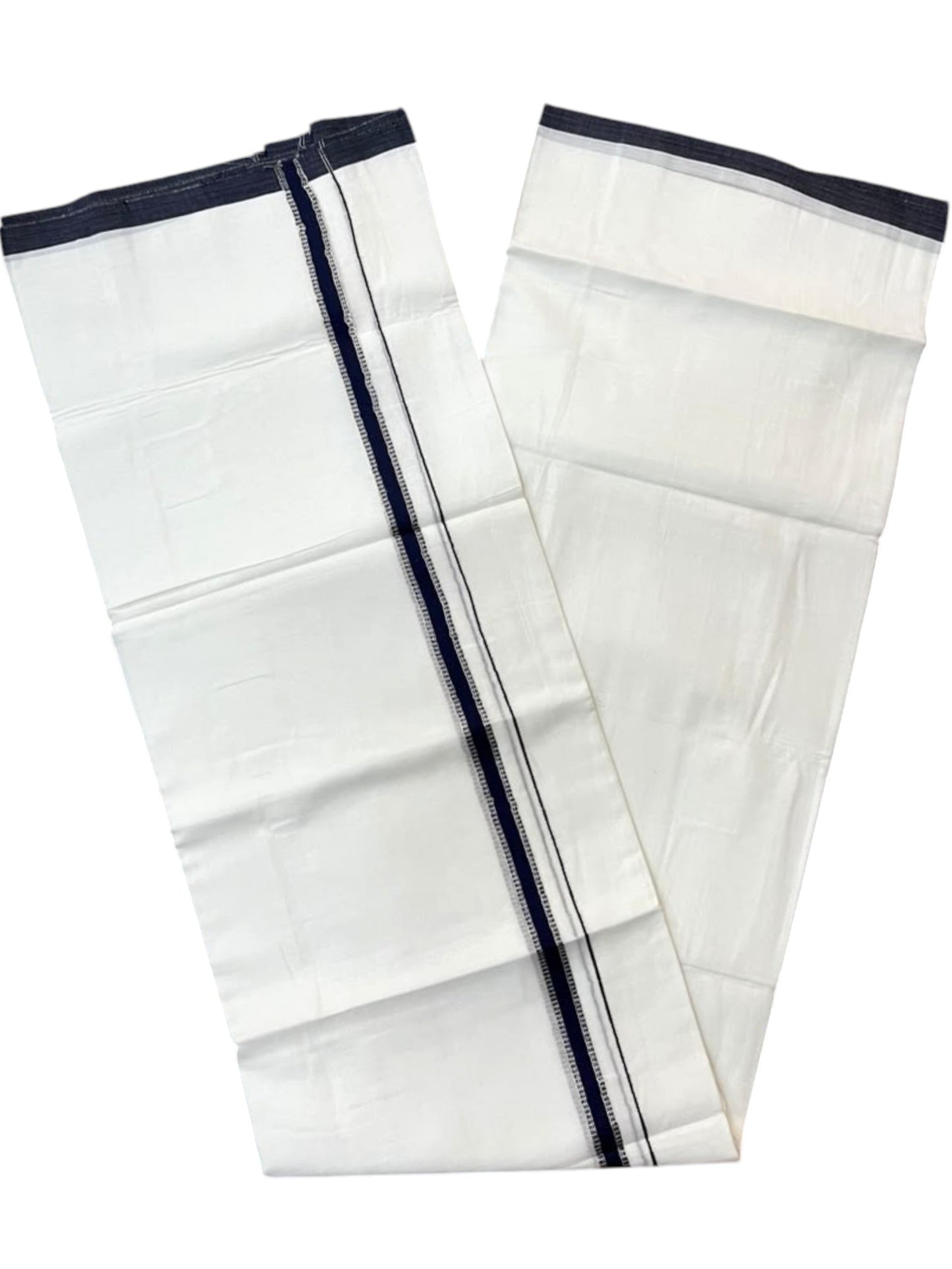 Southloom Pure White Cotton Mundu with Blue & Silver Line Border (South Indian Kerala Dhoti)