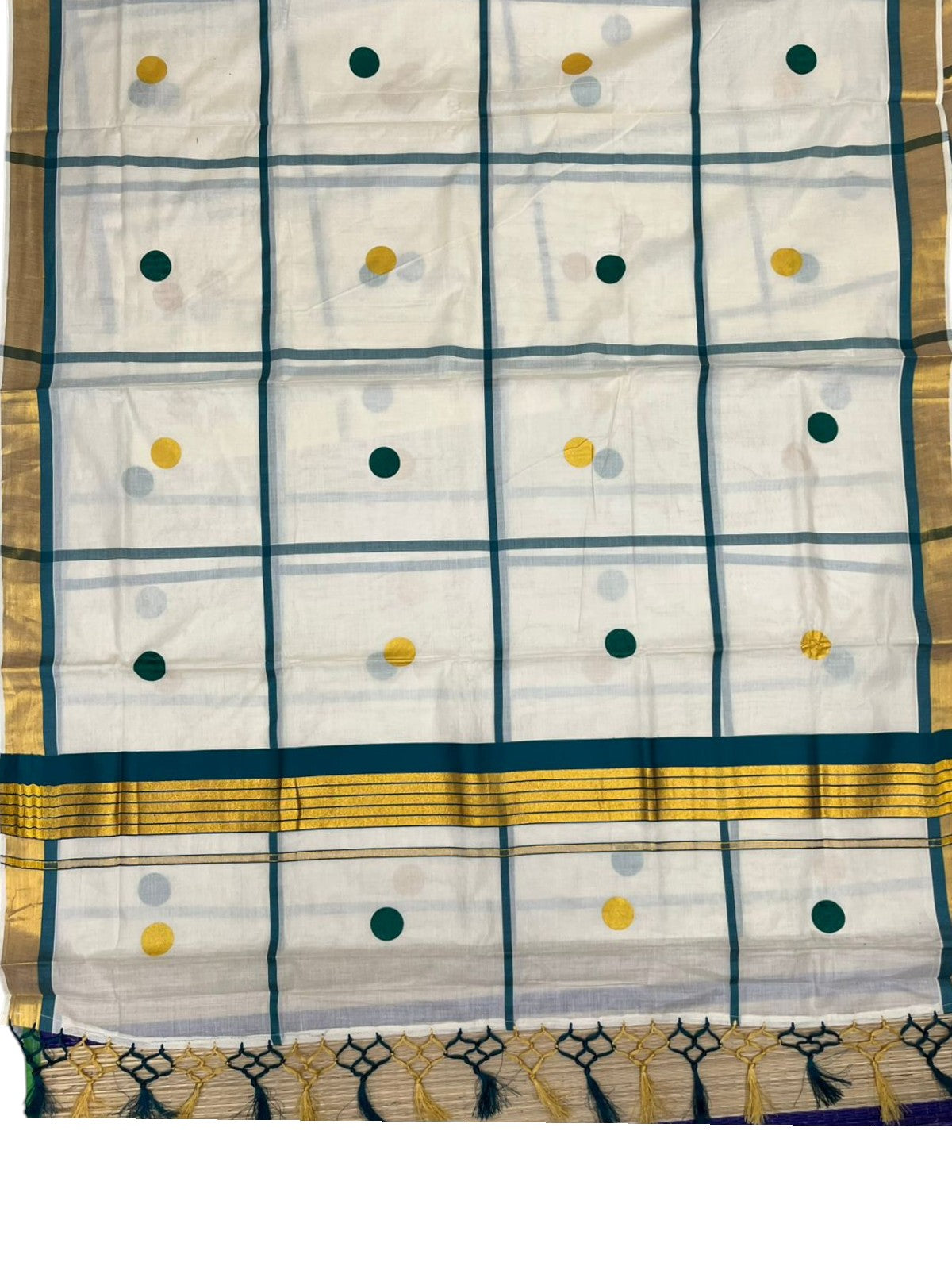 Southloom Kerala Cotton Kasavu Saree with Peacock Green & Gold Polka Works on Body