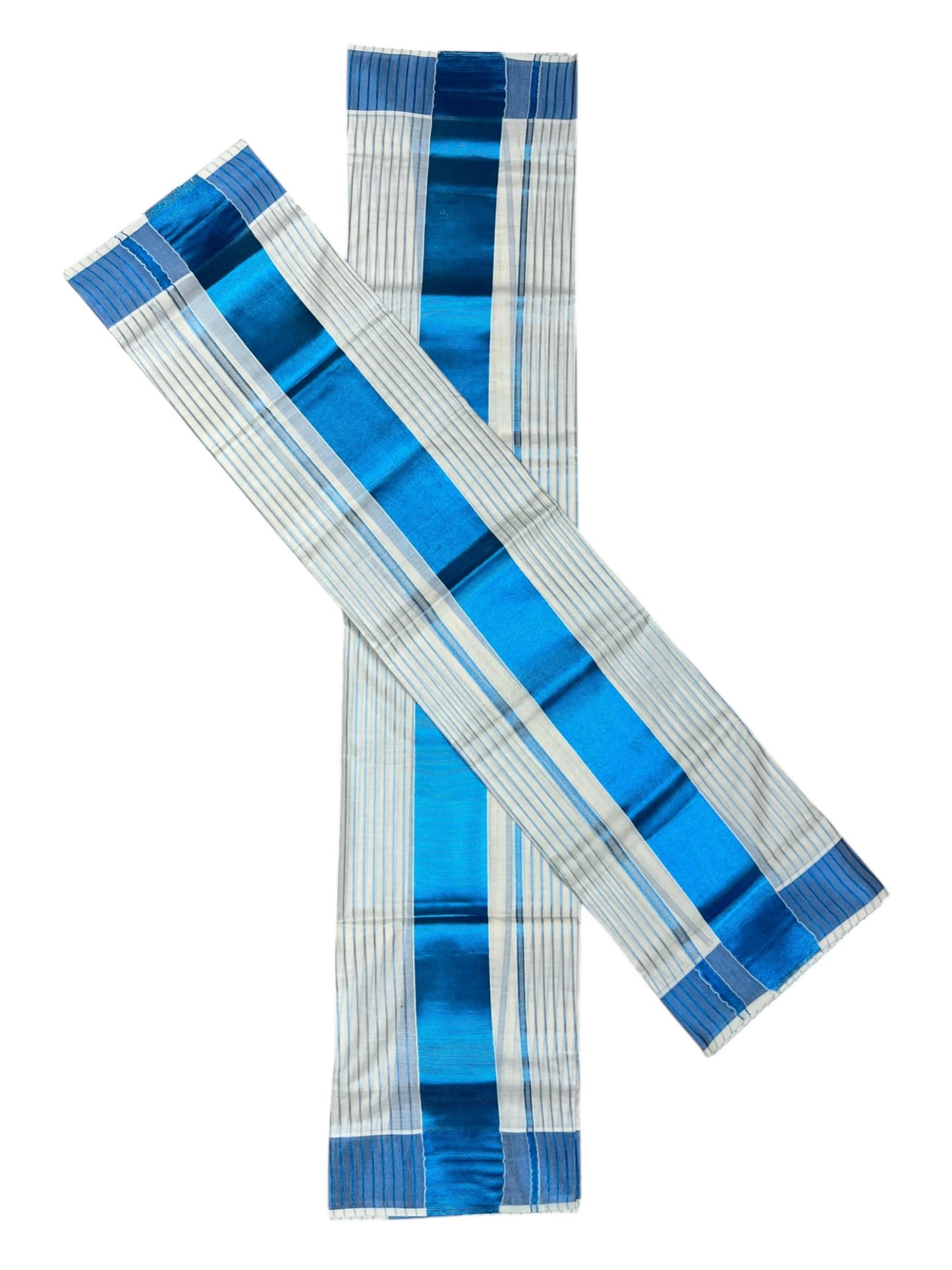 Southloom Kerala Cotton Set Mundu  (Mundum Neriyathum) Blue Kasavu Lines Across Body 2.80 Mtrs