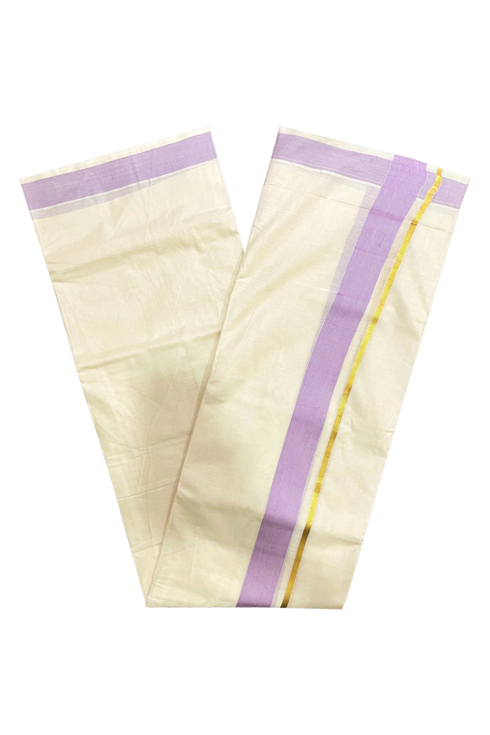 Pure Cotton Mundu with Light Violet Lines and Kasavu Border (South Indian Kerala Dhoti)