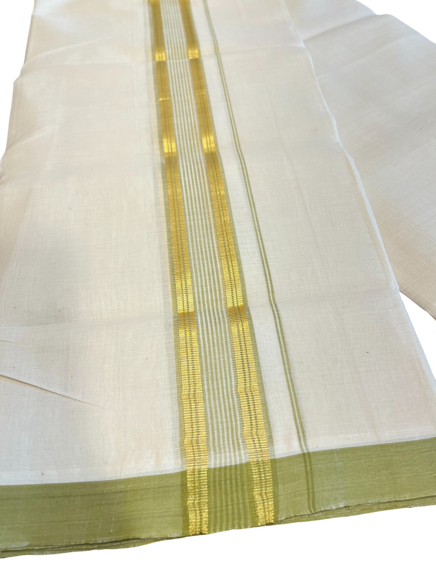 Southloom Premium Handloom Cotton Double Mundu with Gold and Green Border
