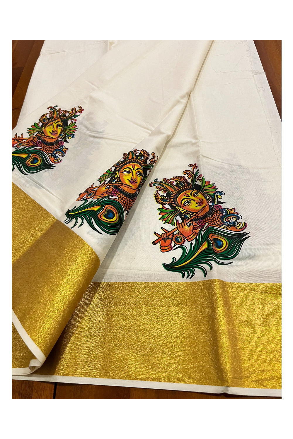 Kerala Pure Cotton Material with Mural Painted Design and Kasavu Border (4 meters)