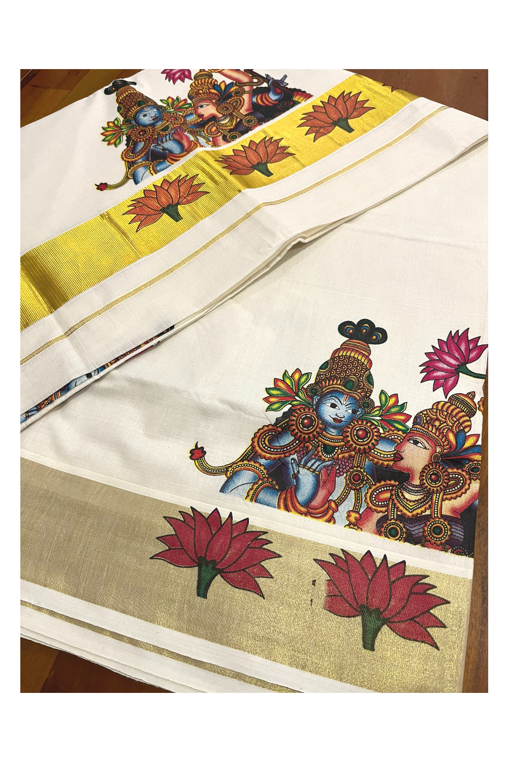 Pure Cotton Kerala Kasavu Saree with Krishna Radha Mural Printed Design