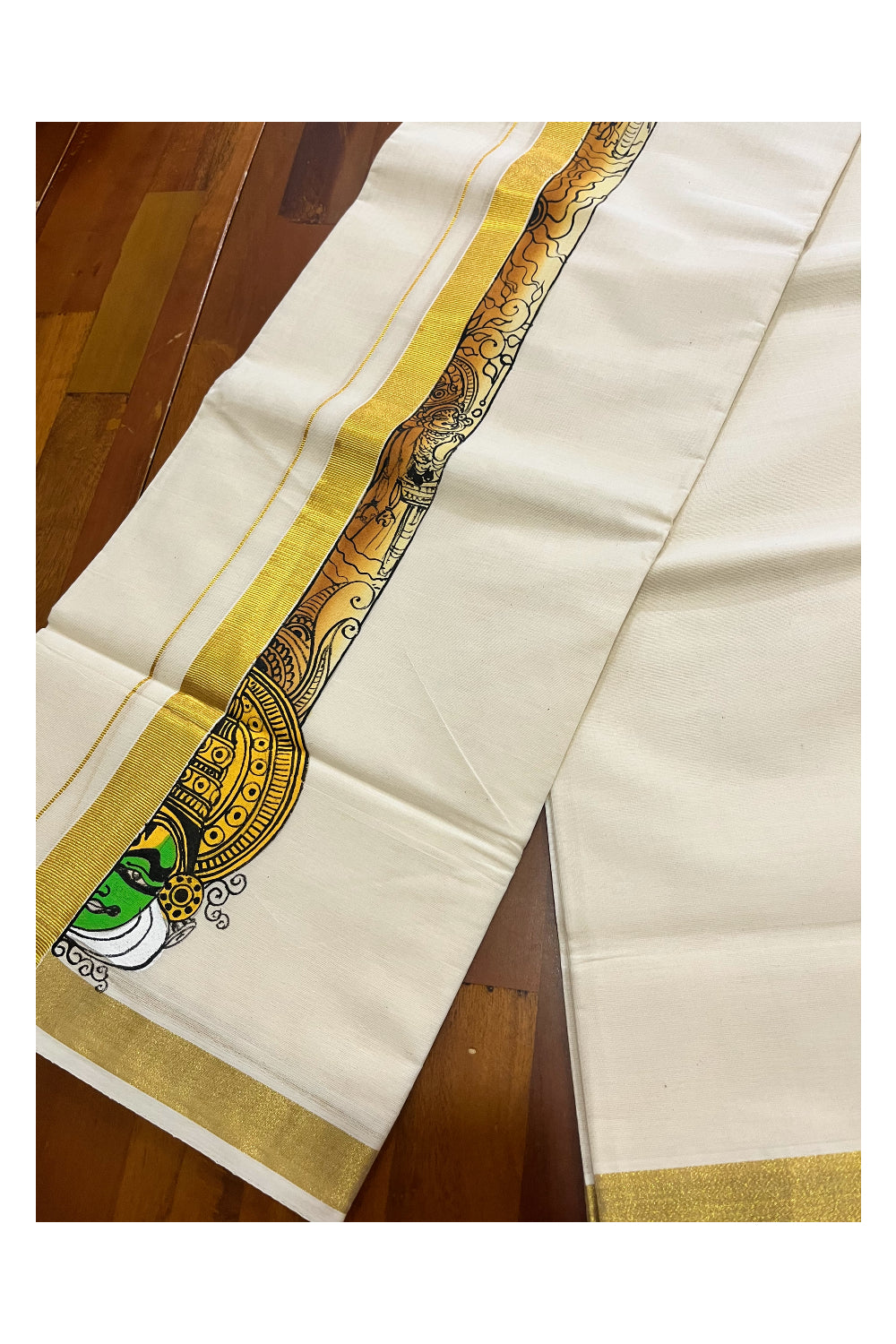 Pure Cotton Kerala Double Mundu with Kathakali Hand Painted Designs on Kasavu Border (Vishu Collection 2024)