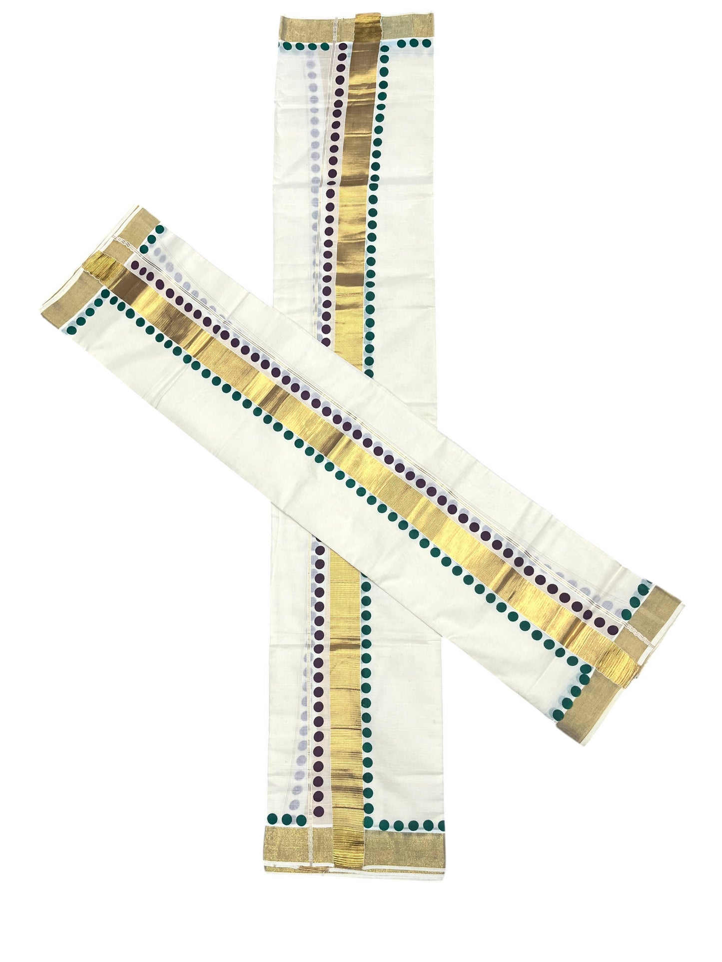 Southloom Kerala Cotton Kasavu Single Set Mundu (Mundum Neriyathum) with Maroon And Green Polka Dots Border SLKK