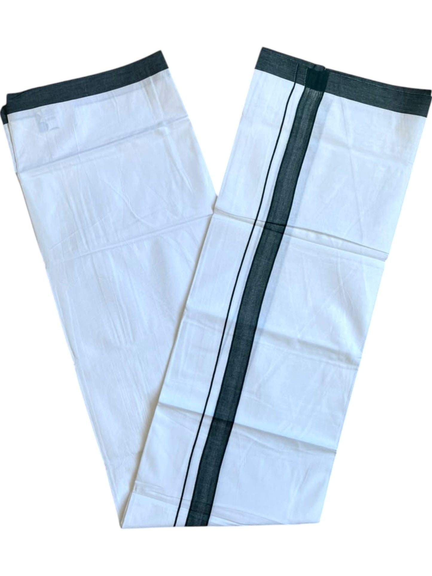 Southloom Pure White Single Cotton Mundu with Dark Green Border (South Indian Kerala Dhoti)