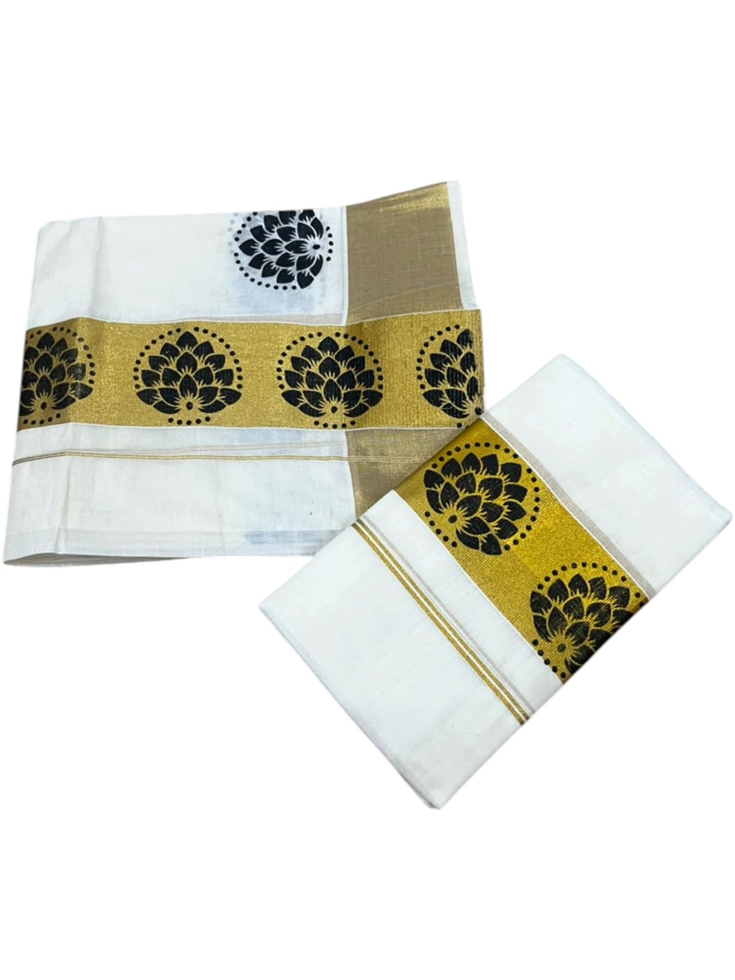 Southloom Pure Cotton Set Mundu with Gold Kasavu and Black Floral Digital Print in 2.80 Mtrs SL383