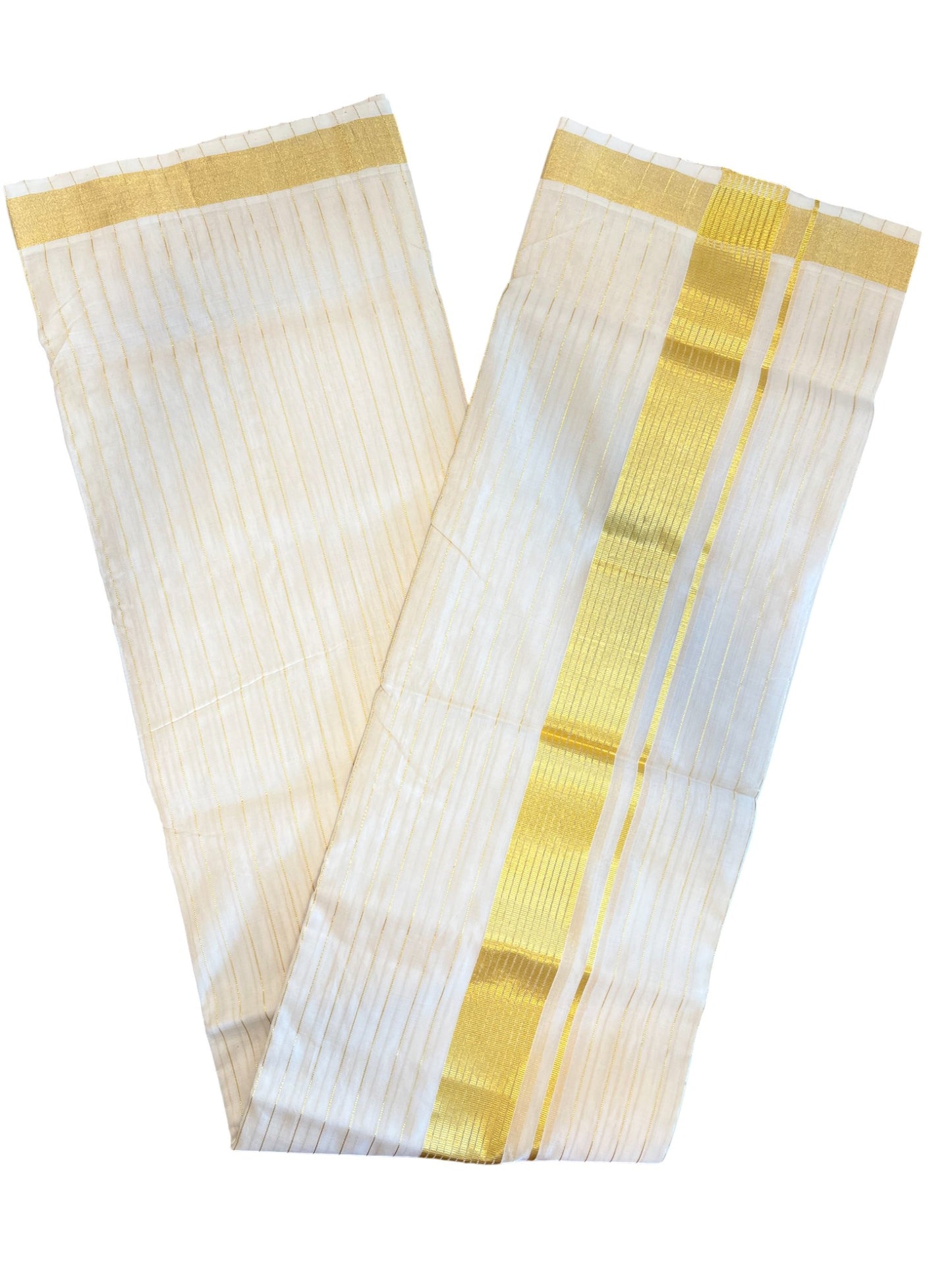 Southloom Premium Handloom Cotton Gold Kasavu Double Mundu with Stripes on Body