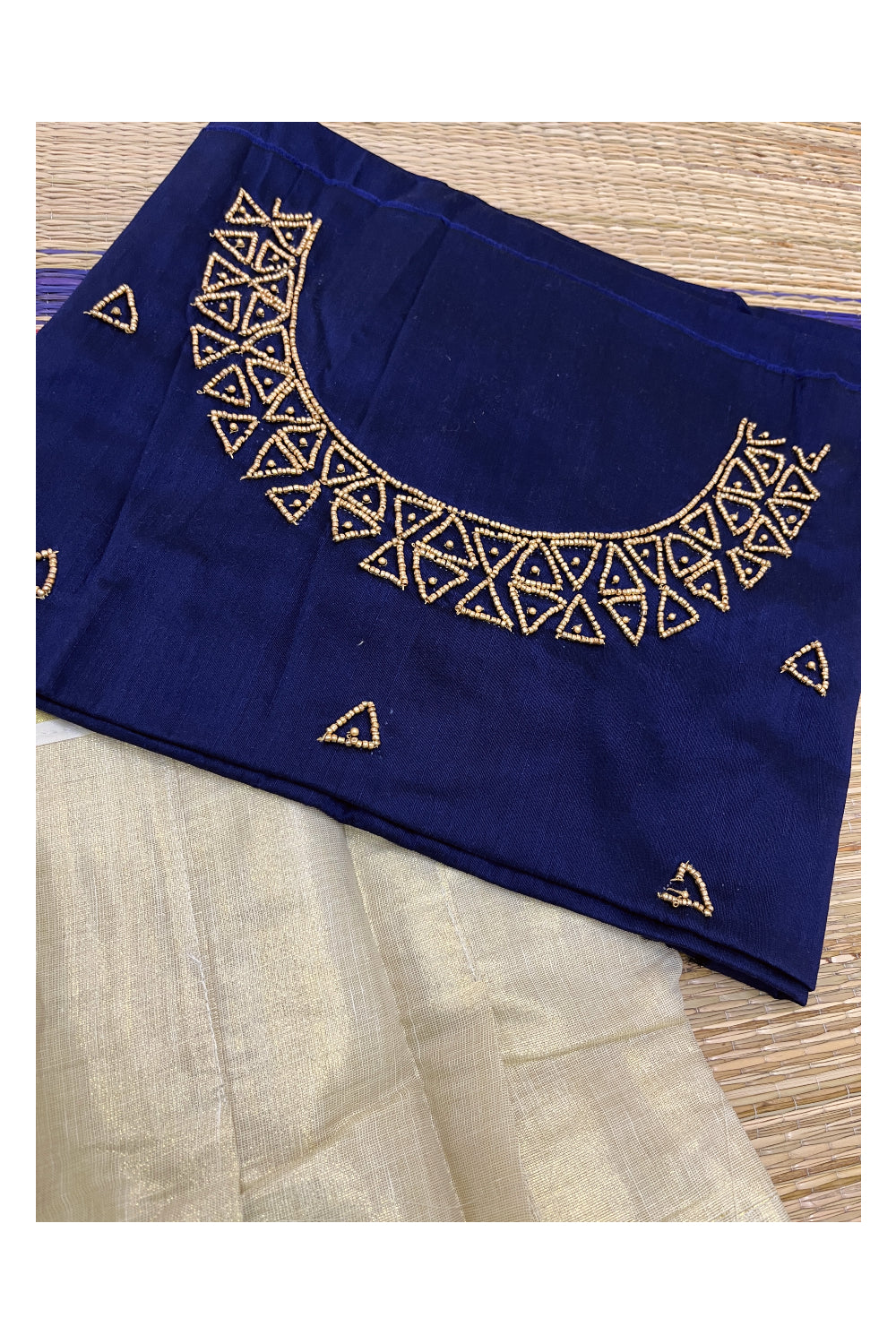 Semi Stitched Pavada Blouse with Tissue and Blue Bead Works