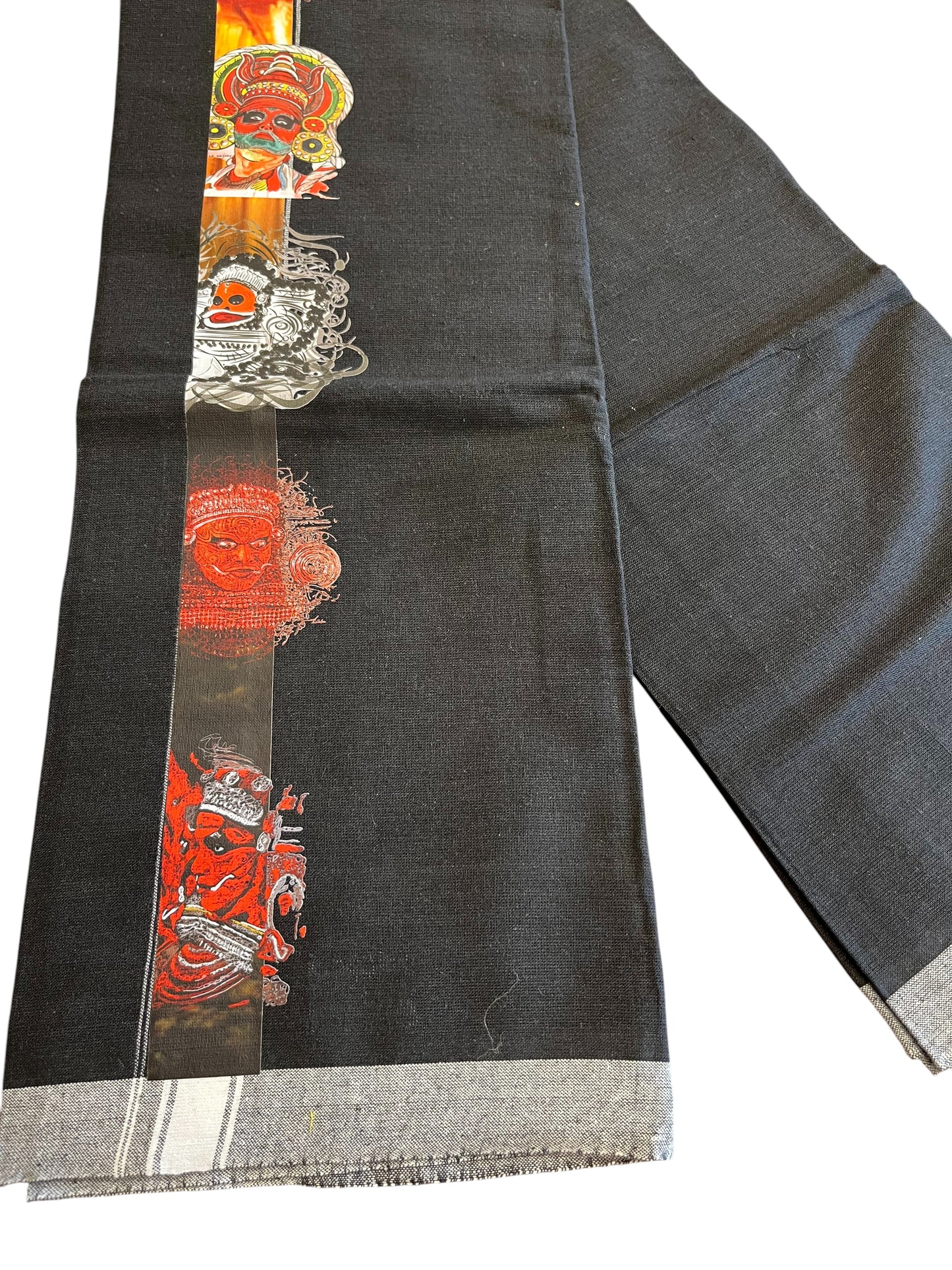 Southloom Black Printed Kathakali & Theyyam Single Mundu / Otta Mundu (South Indian Kerala Dhoti)