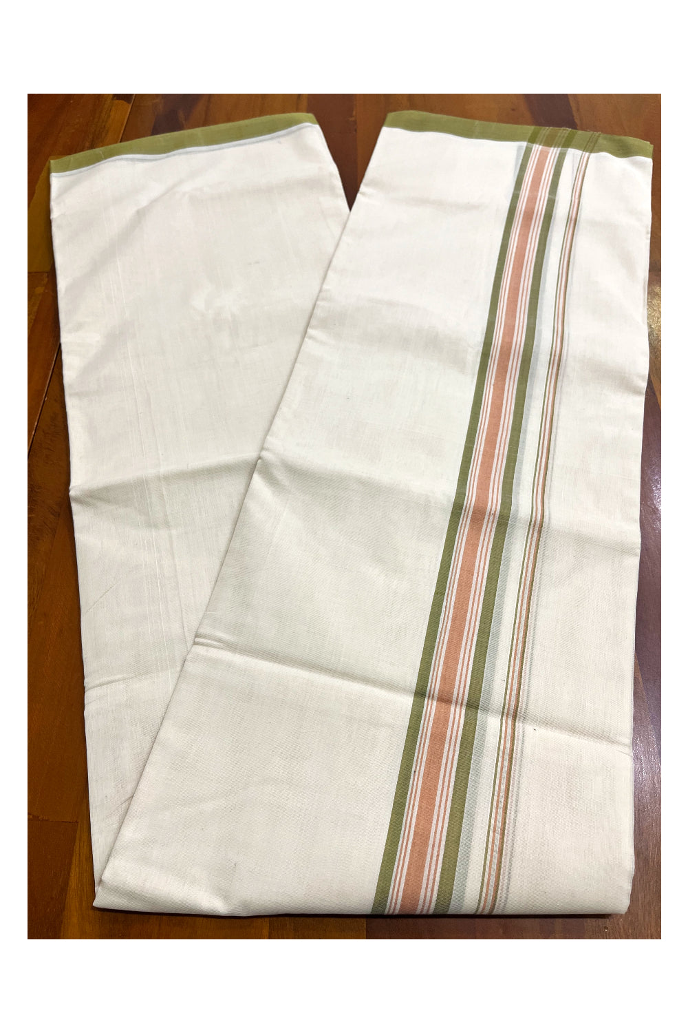 Premium Balaramapuram Handloom Unakkupaavu Cotton Double Mundu with Olive Green and Peach Border (Vishu 2024 Collection)