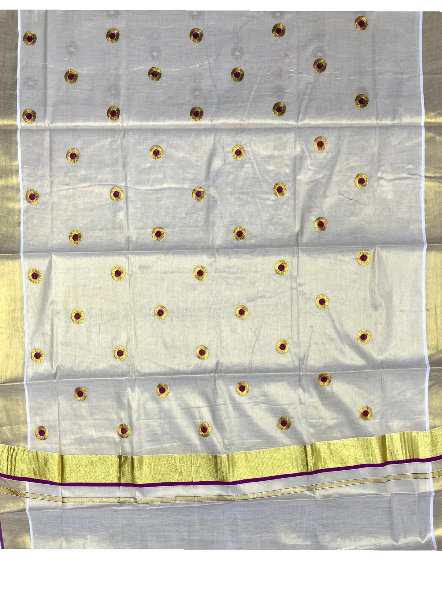 Southloom Kerala Tissue Kasavu Saree with Gold & Magenta Polka Embroidery Works on Body