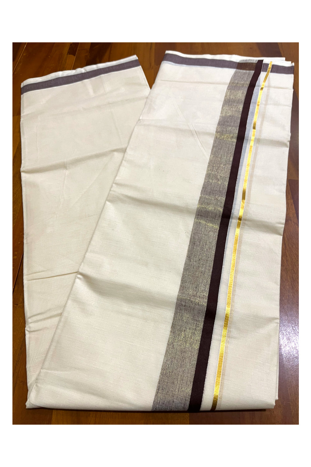 Kerala Pure Cotton Double Mundu with Brown and Kasavu Border (South Indian Kerala Dhoti)