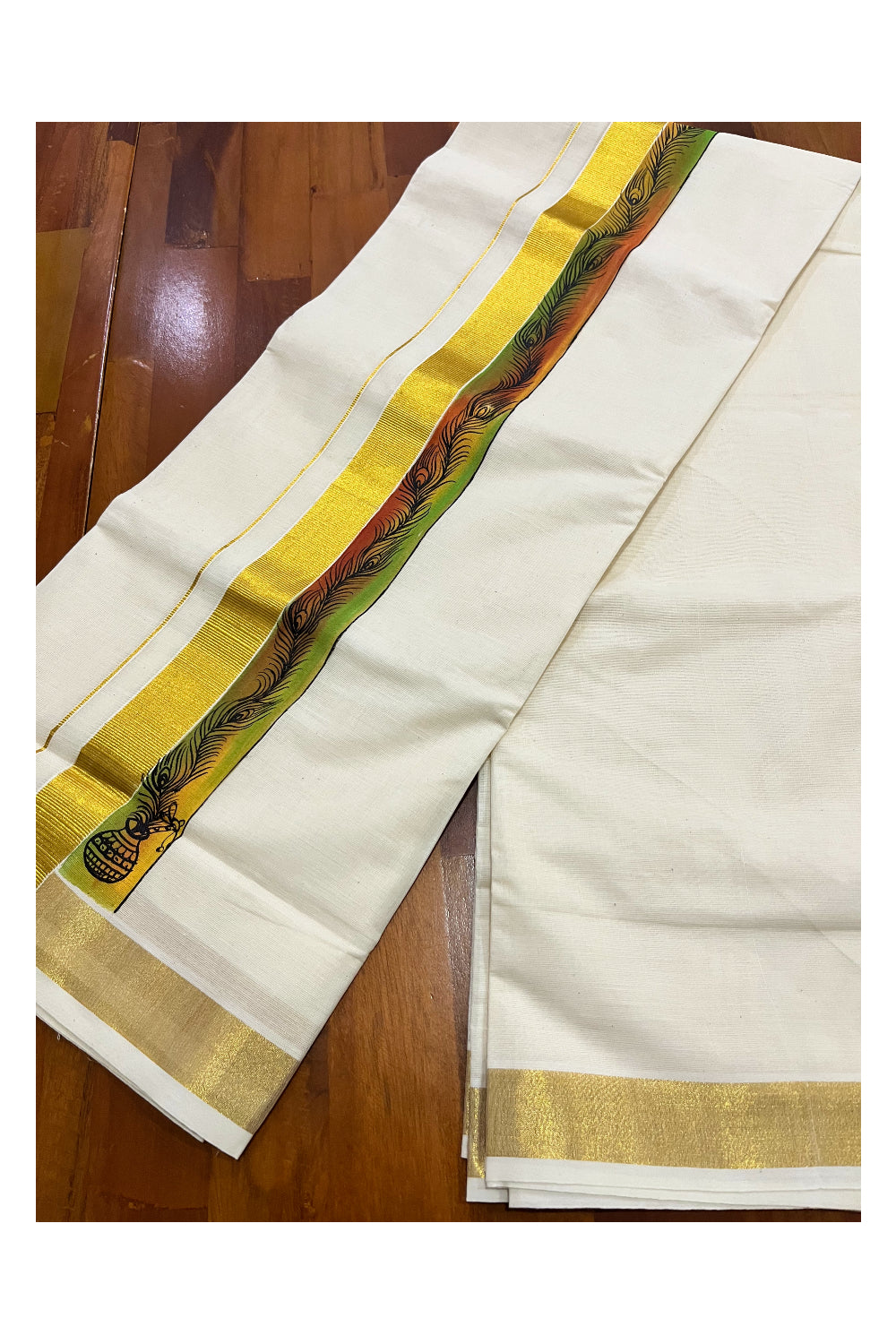 Kerala Pure Cotton Double Mundu with Mural Painted Design on Kasavu Border (South Indian Kerala Dhoti)