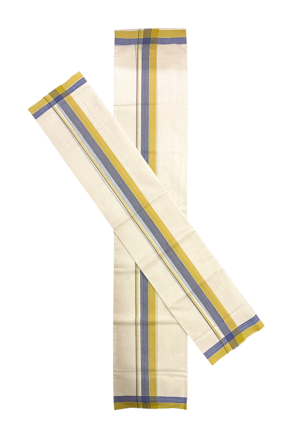 Southloom Premium Handloom Single Set Mundu (Mundum Neriyathum) with Yellow and Blue Border 2.80 Mtrs