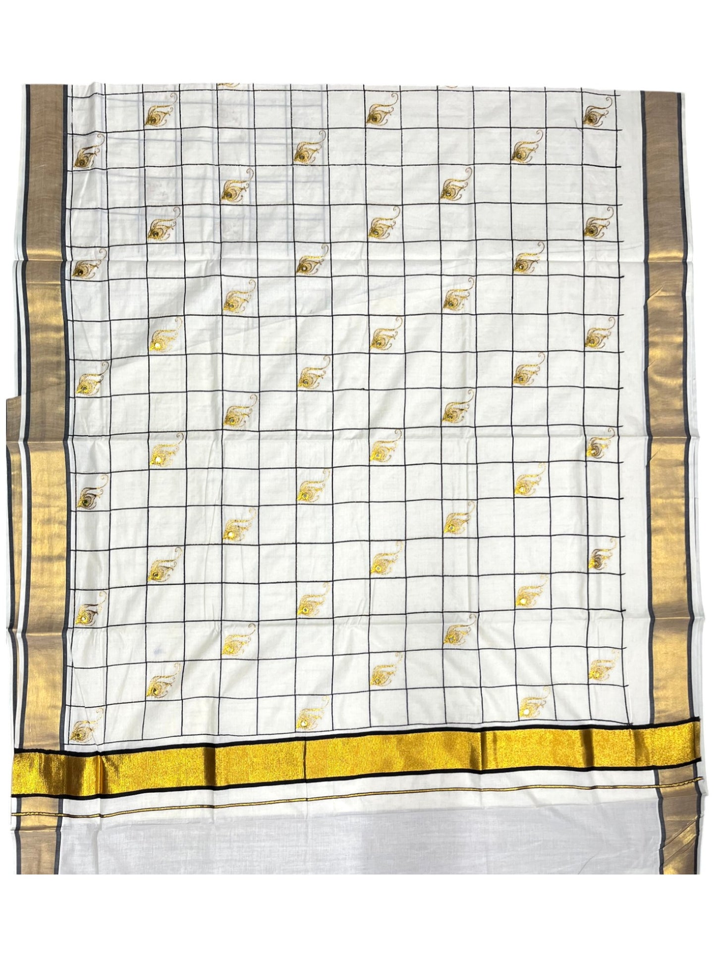 Southloom Cotton Kerala Kasavu Check Saree with Peacock Feather Embroidery Design in Black