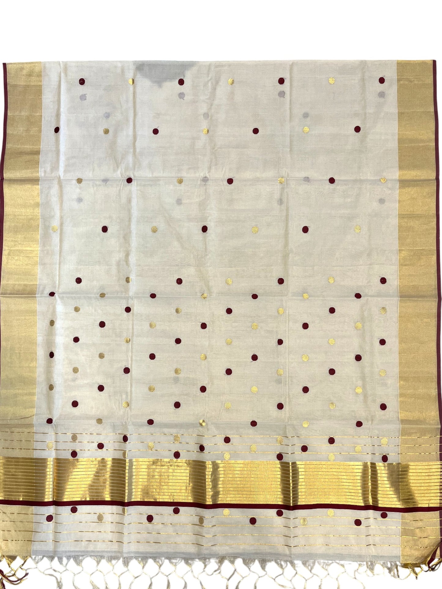 Southloom Super Premium Balaramapuram Unakkupaavu Handloom Tissue Saree with Gold and Maroon Polka on Body
