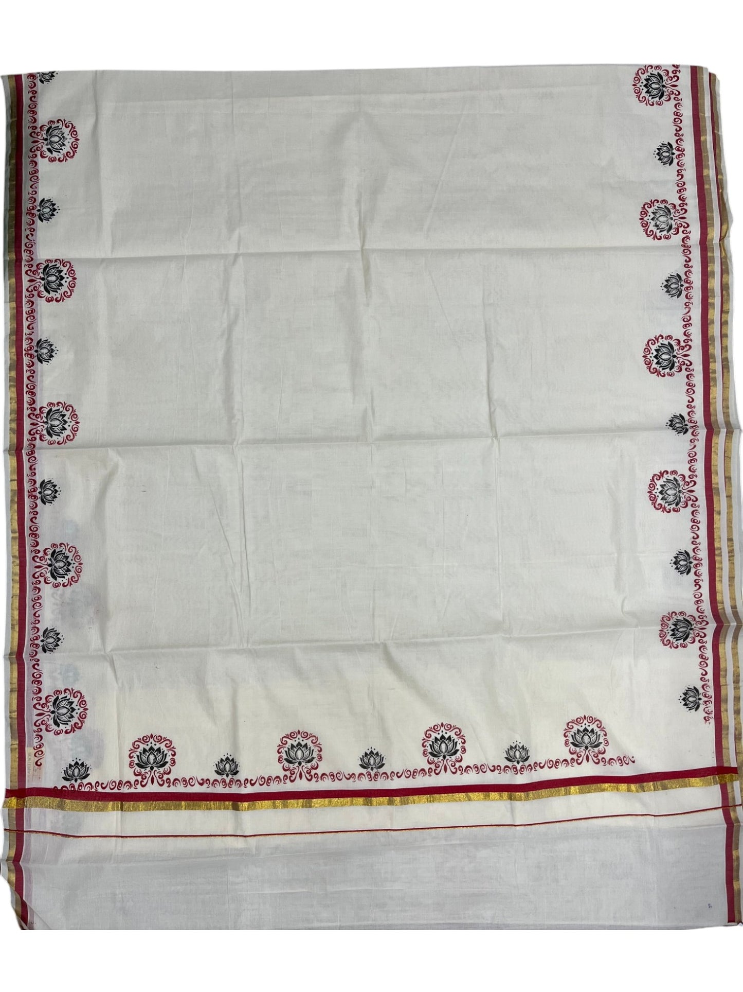Southloom Kerala Cotton Saree with With Red &Black Floral Digital Prints Borders