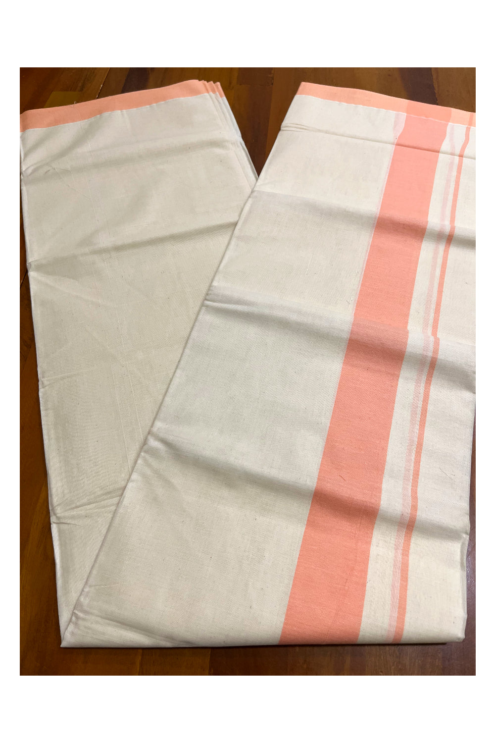 Kerala Pure Cotton Double Mundu with Peach Kara (South Indian Kerala Dhoti)