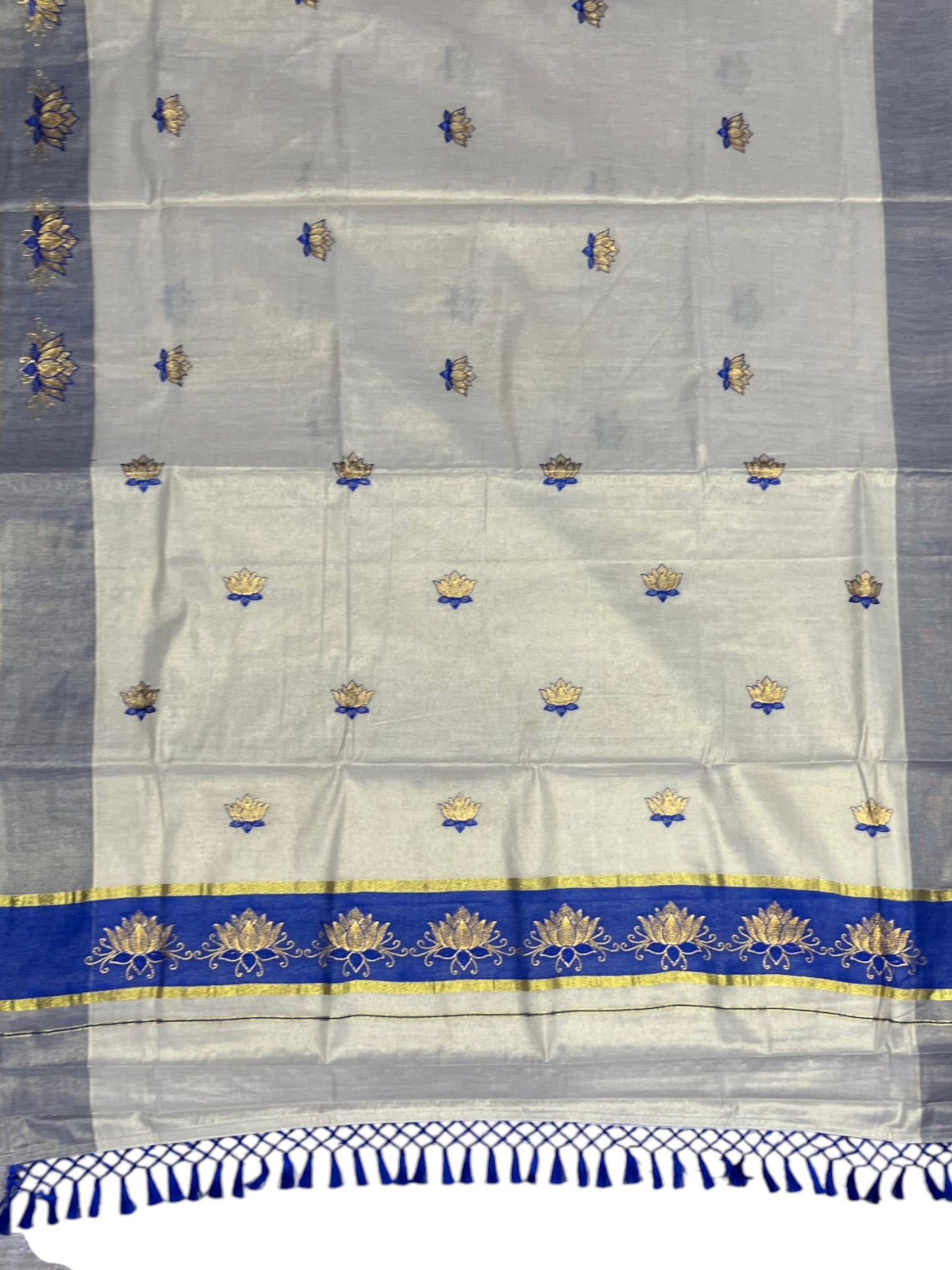 Southloom Kerala Tissue Kasavu Saree with Blue And Golden Lotus Embroidary Works on Body SL273