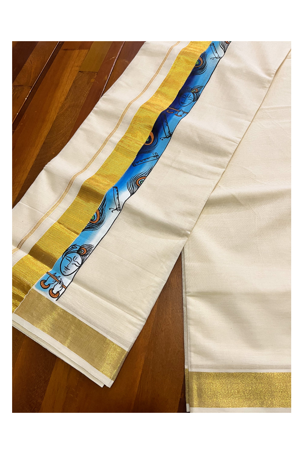 Pure Cotton Kerala Double Mundu with Kasavu Hand Painted Design Border (South Indian Kerala Dhoti)