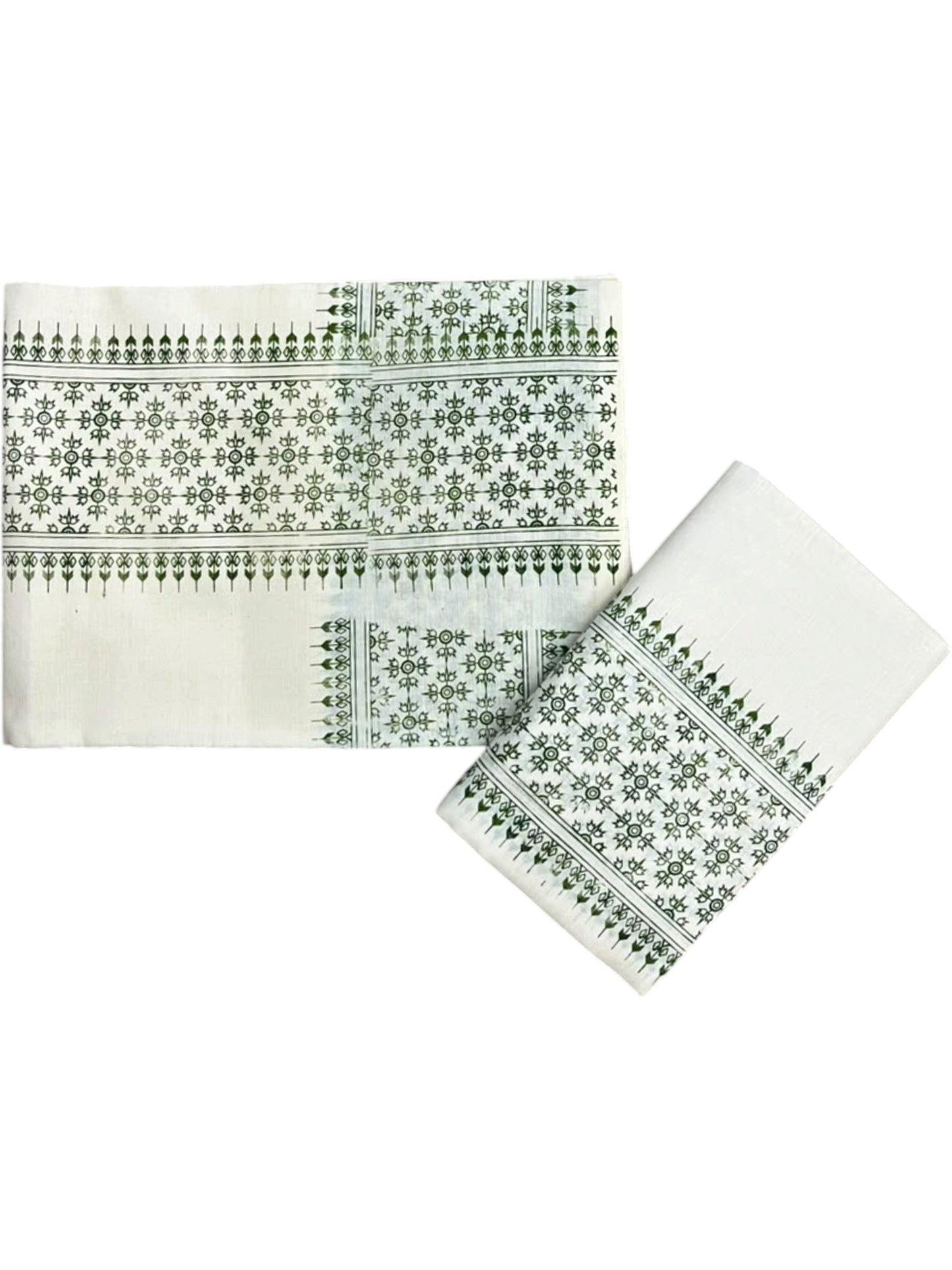 Southloom Kerala Cotton Set Mundu (Mundum Neriyathum) with Green Floral Prints on Border-2.80Mtrs SL625