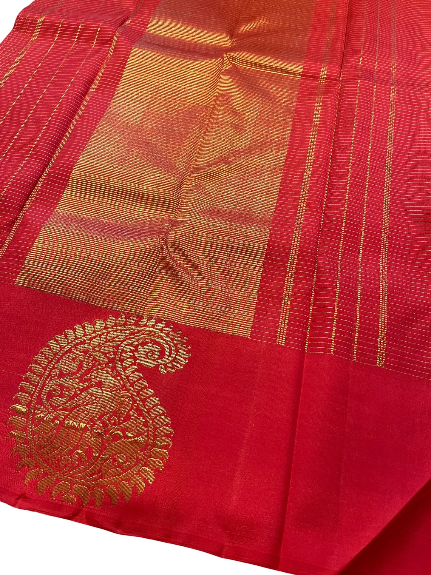 Southloom Pure Handloom Bridal Kanchipuram Silk Saree with Korvai Work (Red)