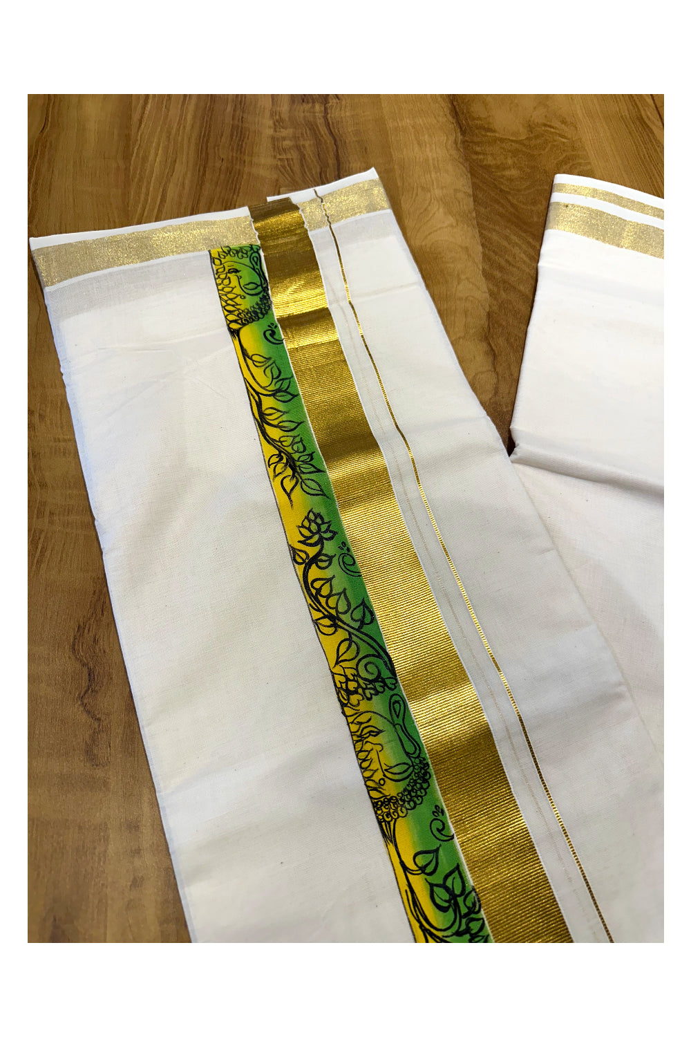 Kerala Pure Cotton Double Mundu with Mural Painted Design on Kasavu Border (South Indian Kerala Dhoti)