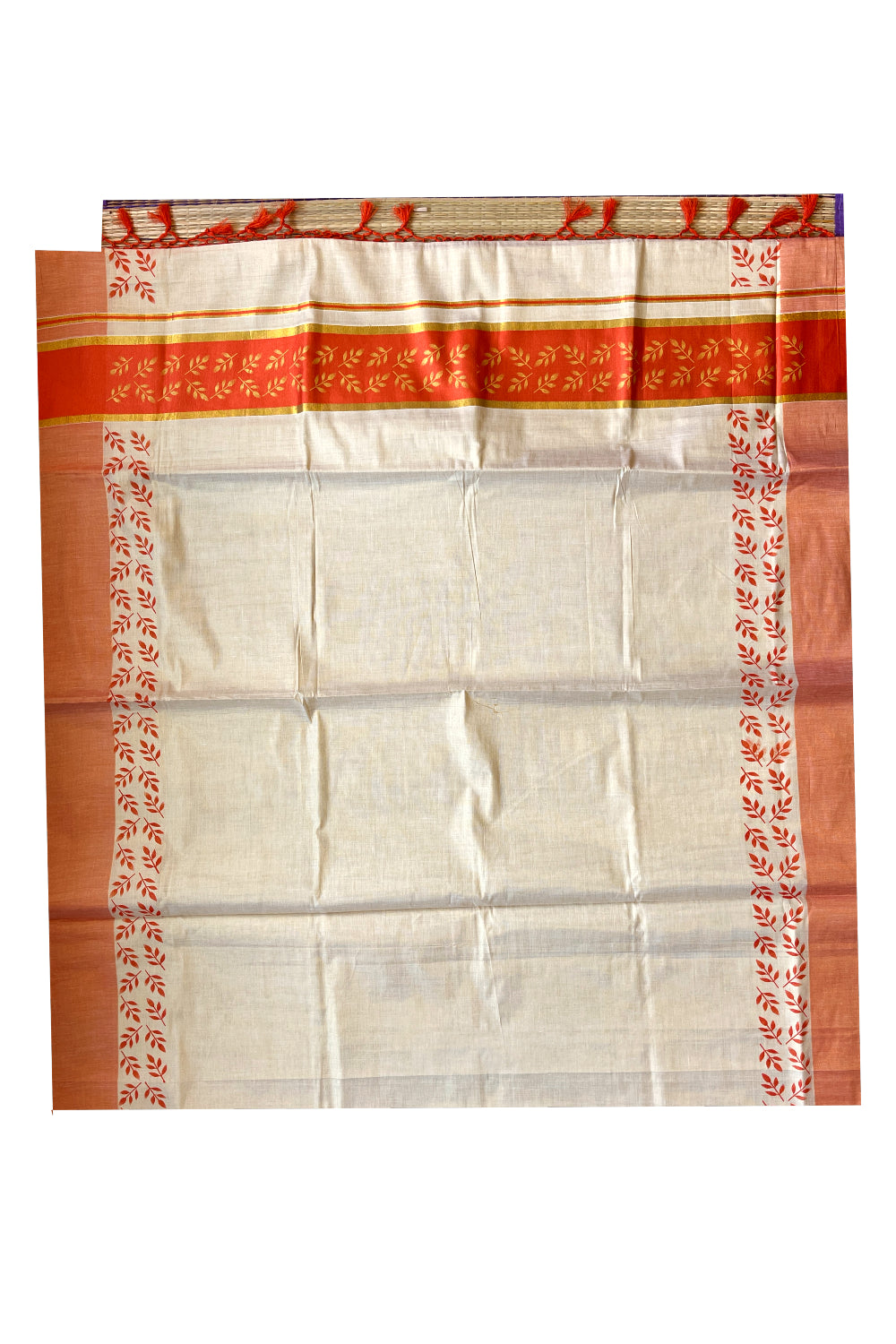 Kerala Tissue Kasavu Saree with Golden and Orange Block Prints on Border and Tassels Works