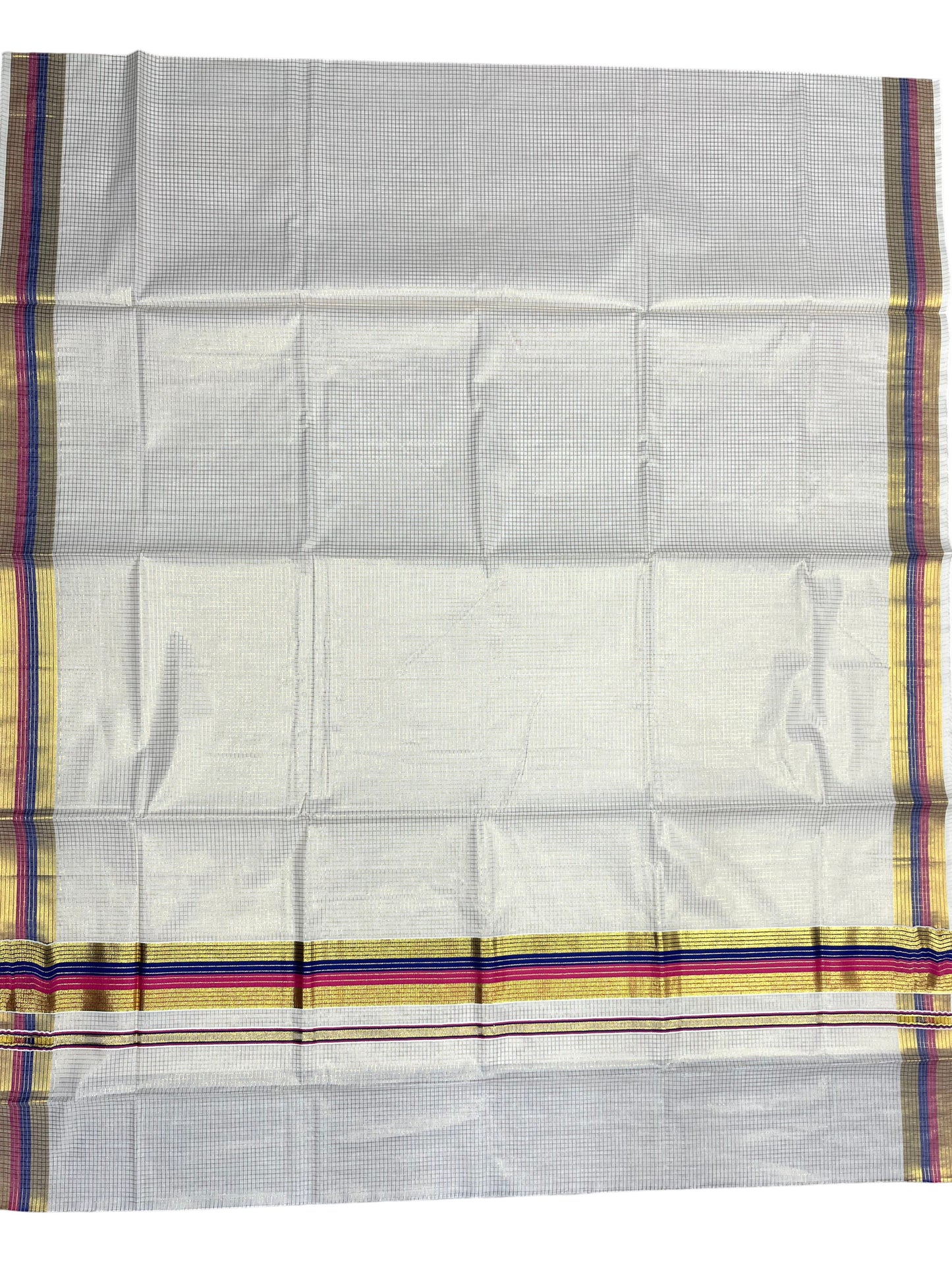 Southloom Kerala Cotton Kasavu Saree with Micro Check Design on Body in Magenta & Blue Border