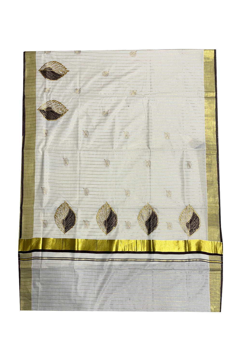 Southloom Kasavu Lines Saree with High Quality Embroidery Work in Kasavu and Brown