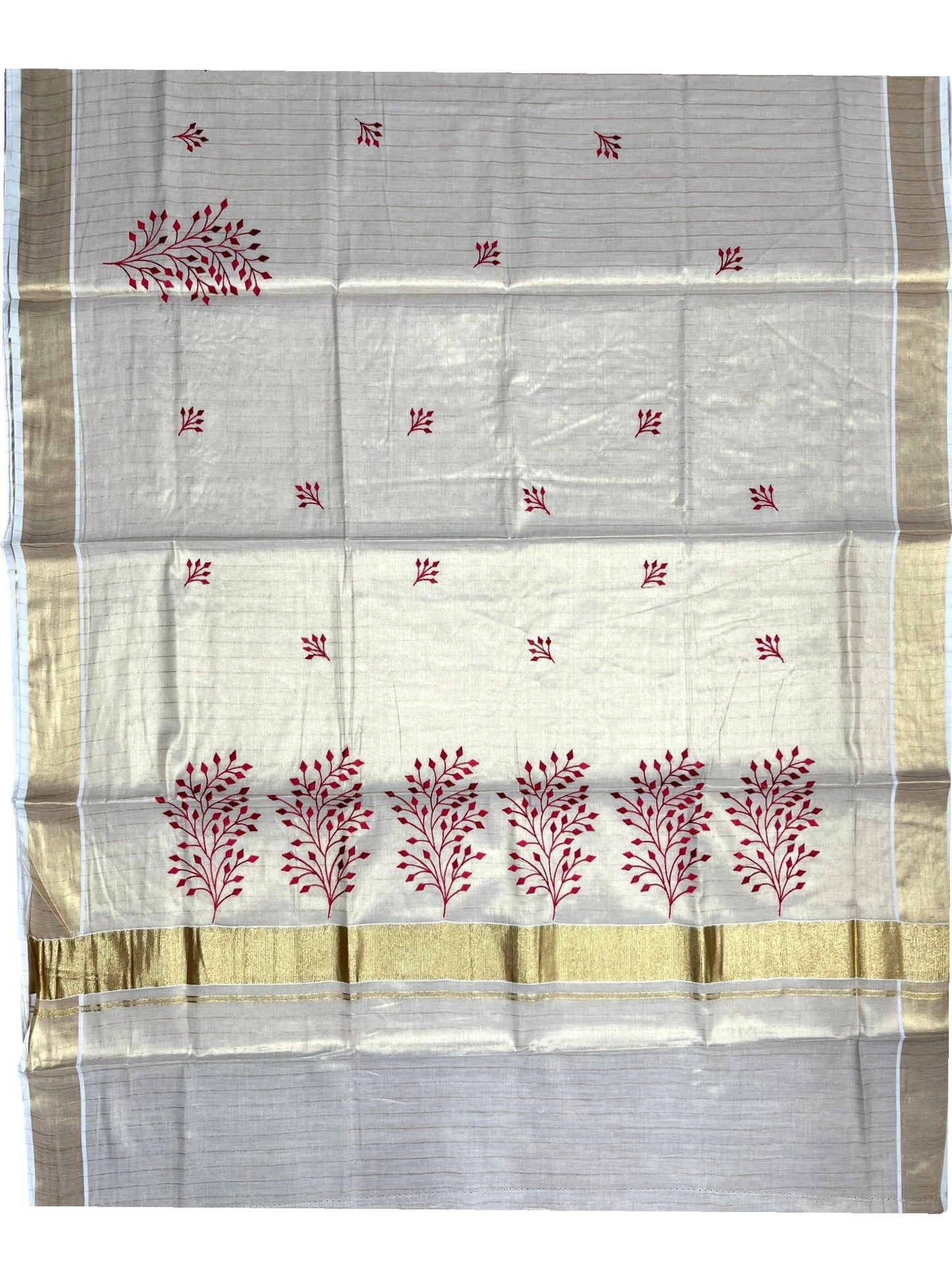 Southloom Kerala Tissue Kasavu Lines Saree with Red Floral Embroidery Design on Body