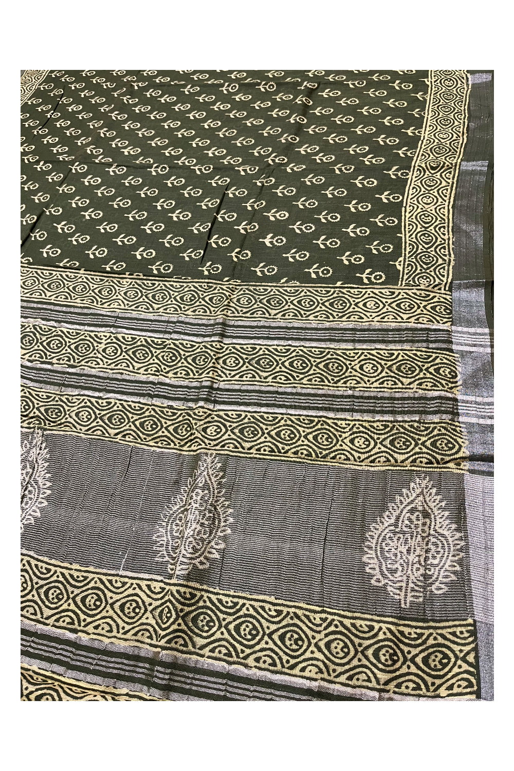 Southloom Linen Green Designer Saree with Floral Prints