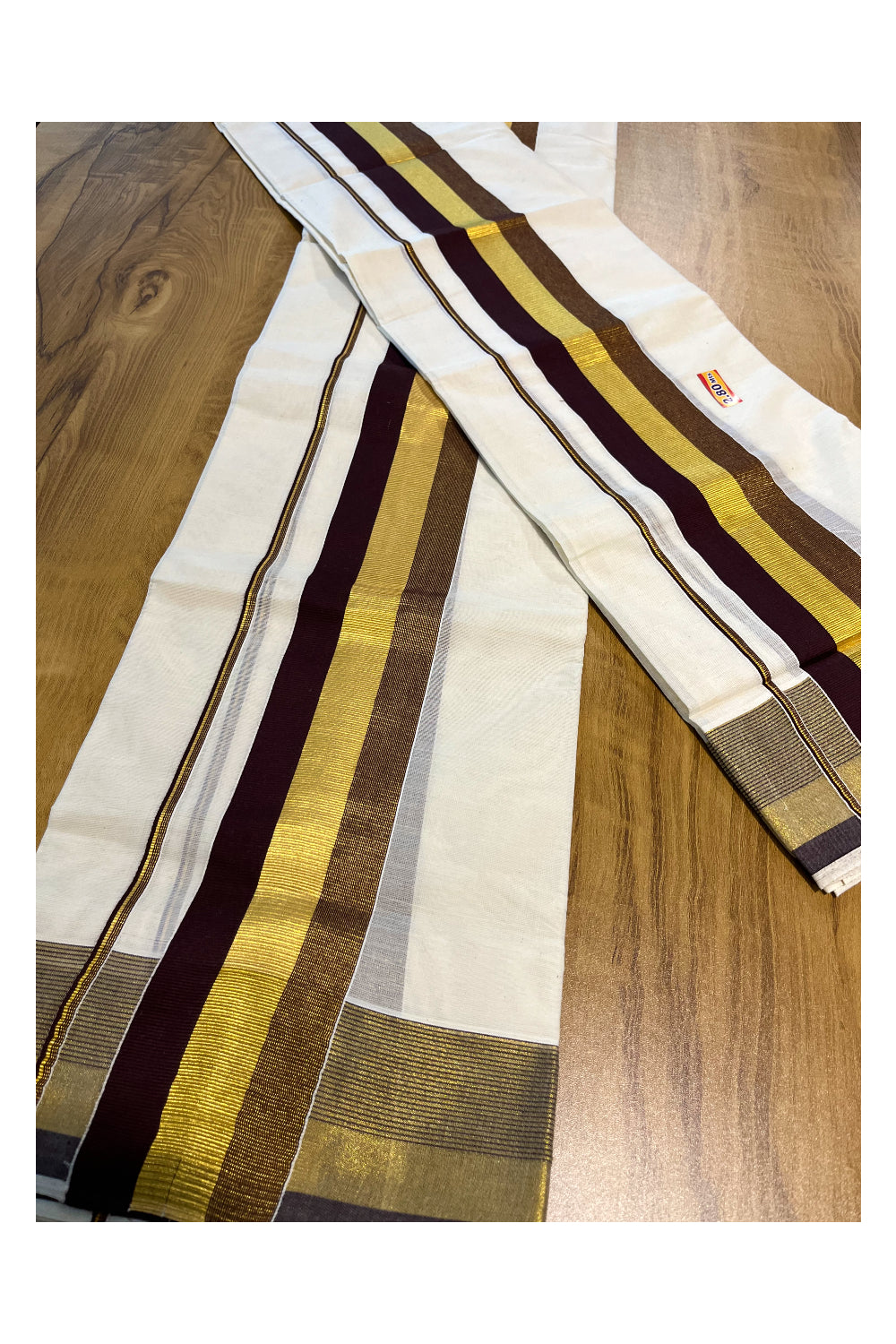 Kerala Cotton Set Mundu (Mundum Neriyathum) with Brown and Kasavu Border 2.80 Mtrs