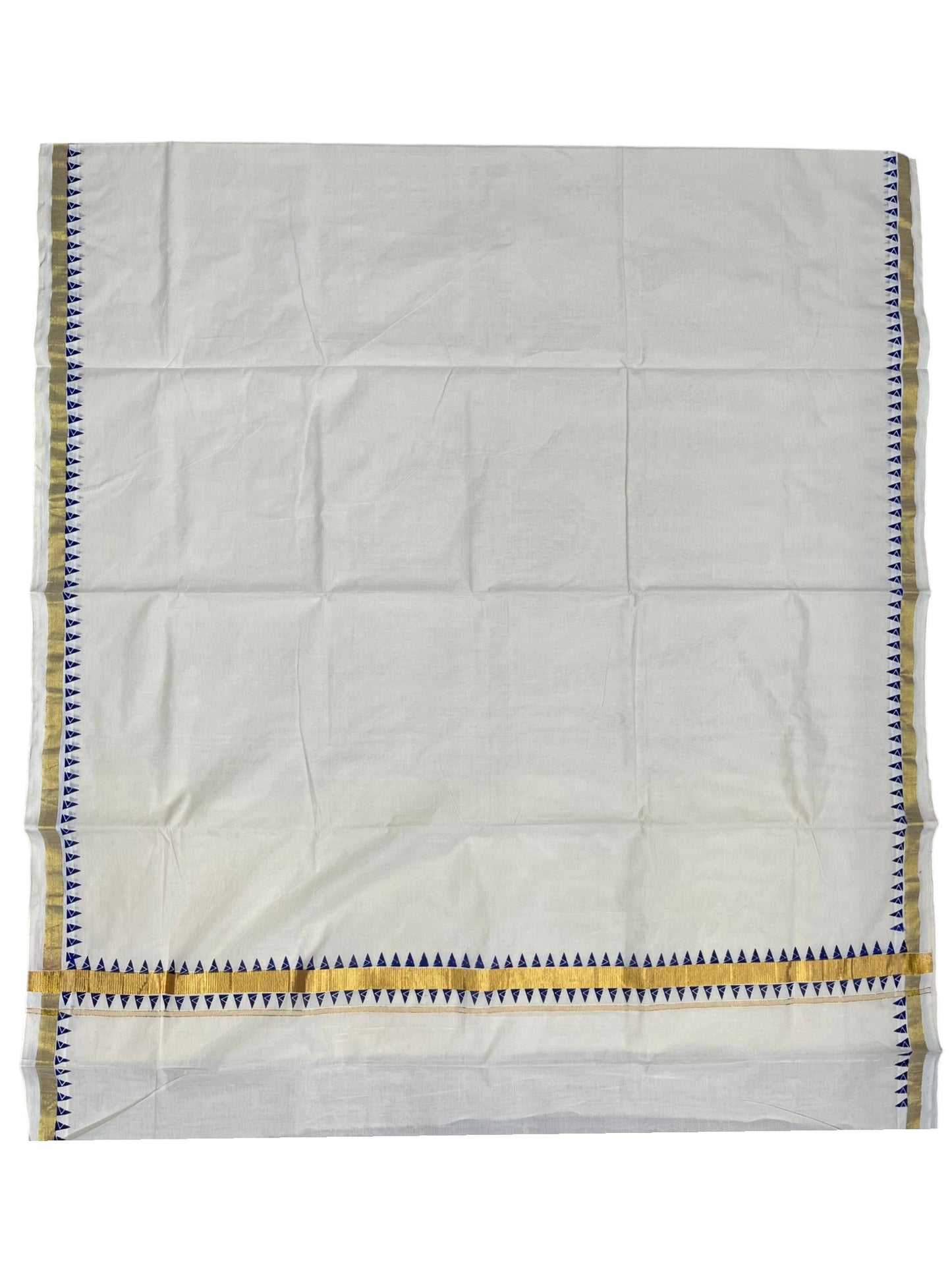 Southloom Cotton Kerala Kasavu Saree with Blue Tample Design Border