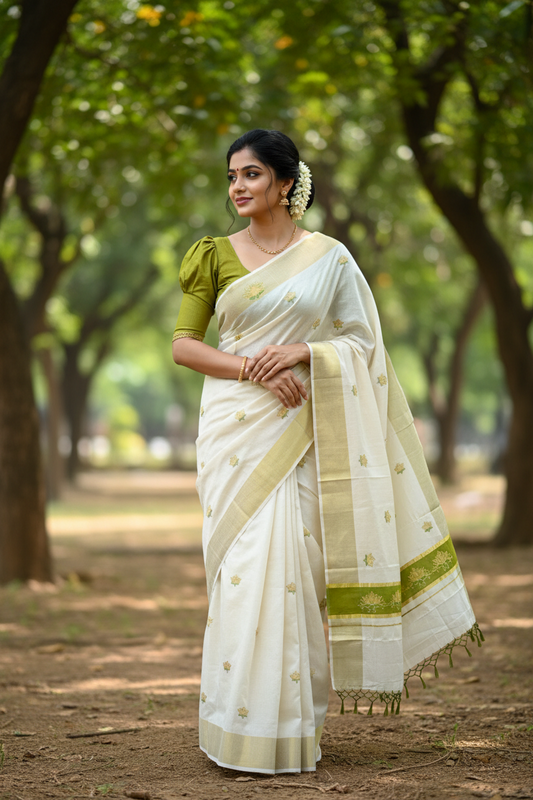 Southloom Kerala Tissue Kasavu Saree with Olive Green And Golden Lotus Embroidary Designs on Body SL273
