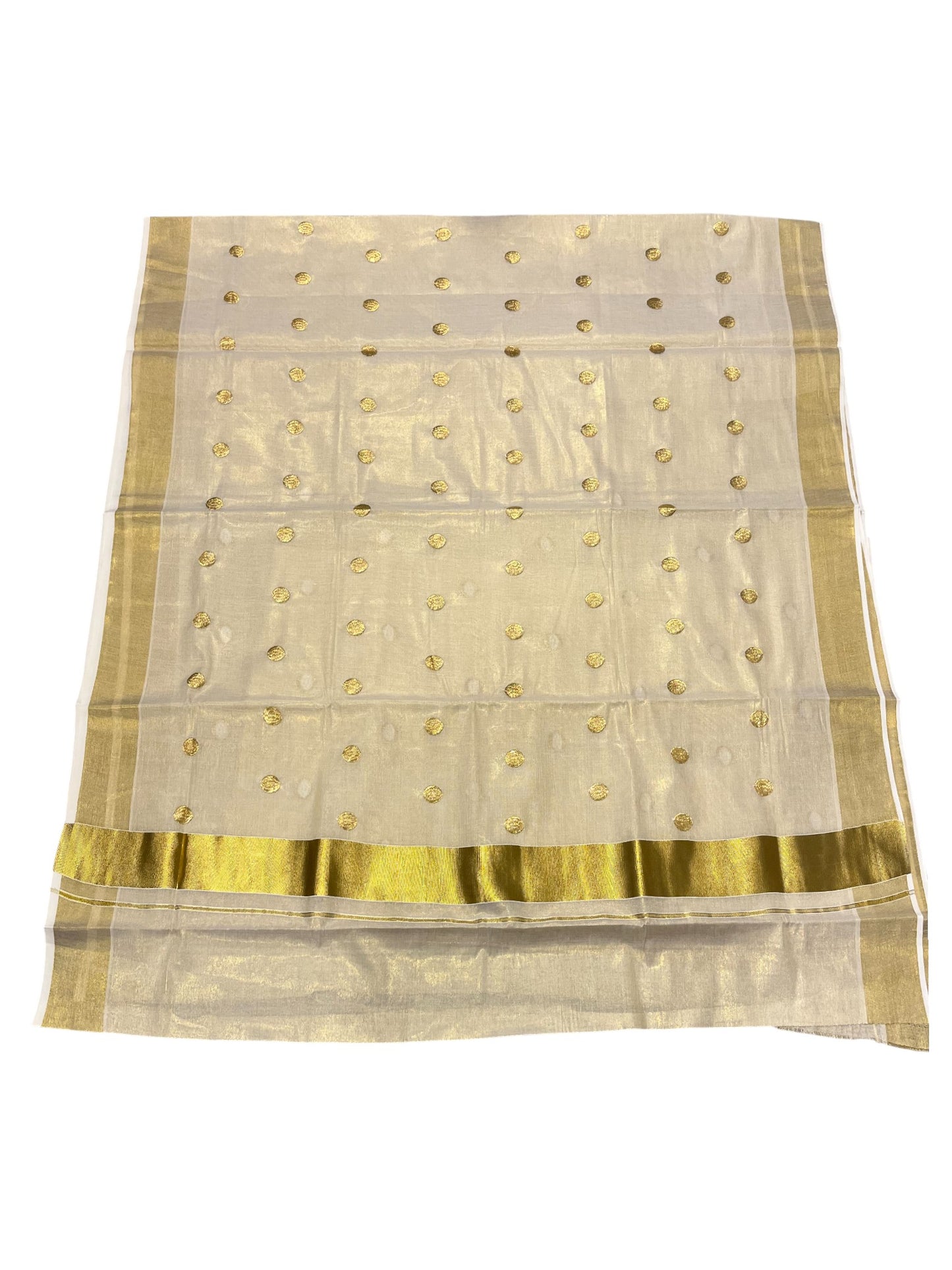 Kerala Tissue Kasavu Plain Saree with Gold Polka with Embroidery Works