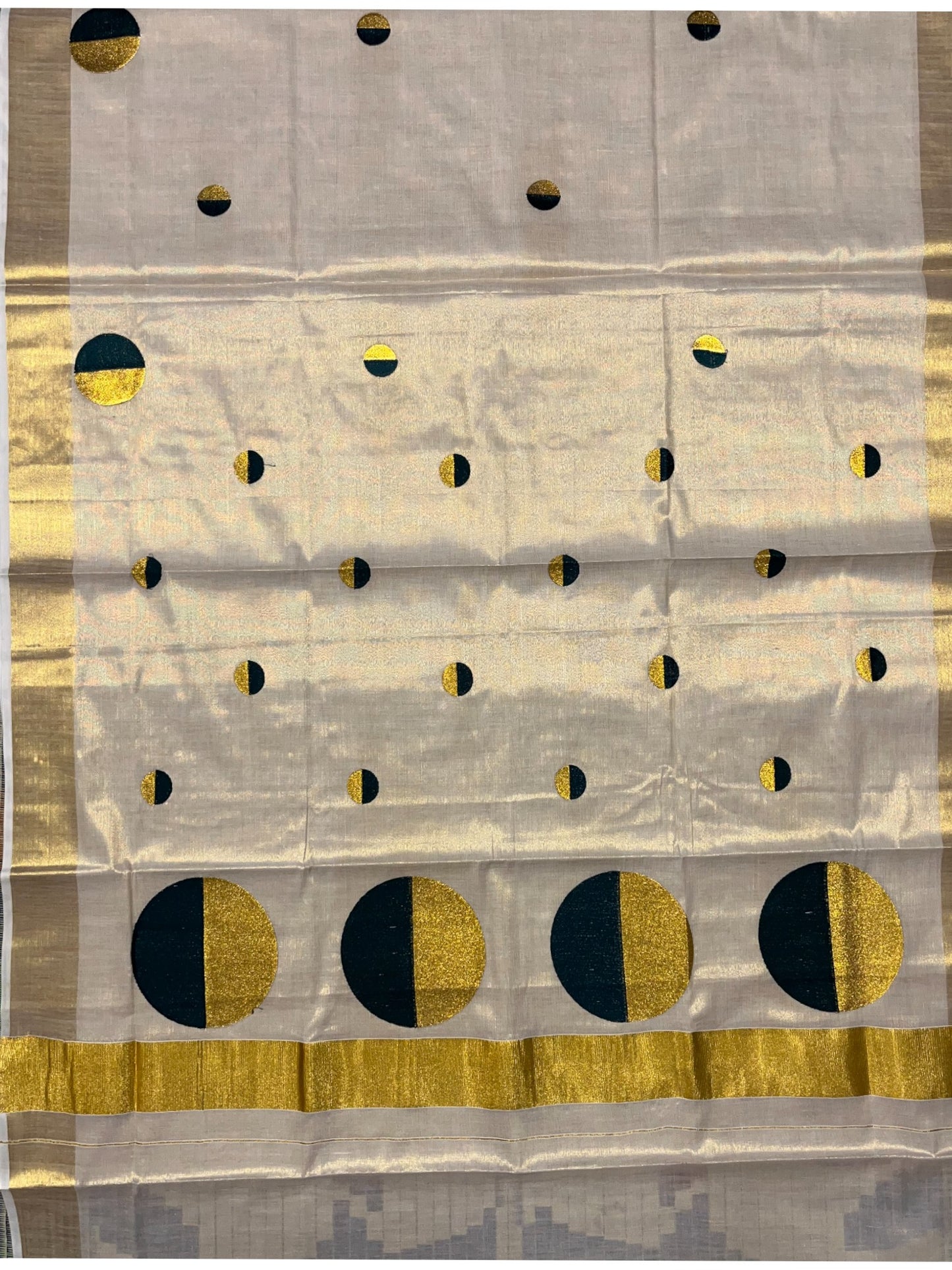 Southloom Kerala Tissue Kasavu Saree With Green Polka Dots Embroidery on Body