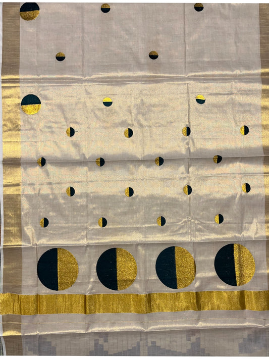 Southloom Kerala Tissue Kasavu Saree With Green Polka Dots Embroidery on Body