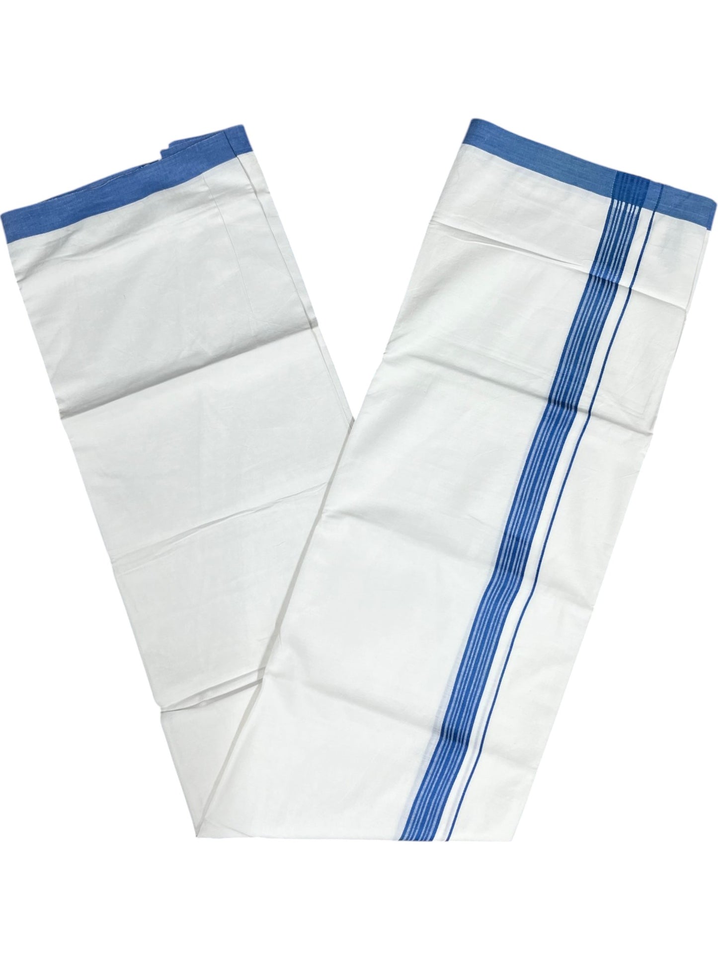Southloom Pure White Cotton Mundu with Blue Lines Border (South Indian Kerala Dhoti)