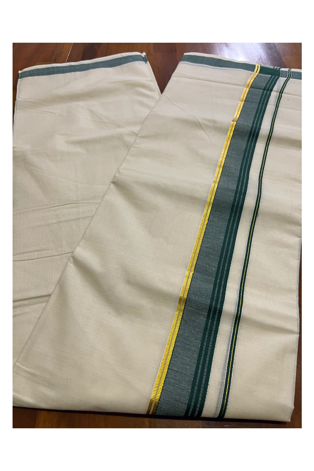 Off White Kerala Cotton Double Mundu with Kasavu and Dark Green Border (South Indian Kerala Dhoti)