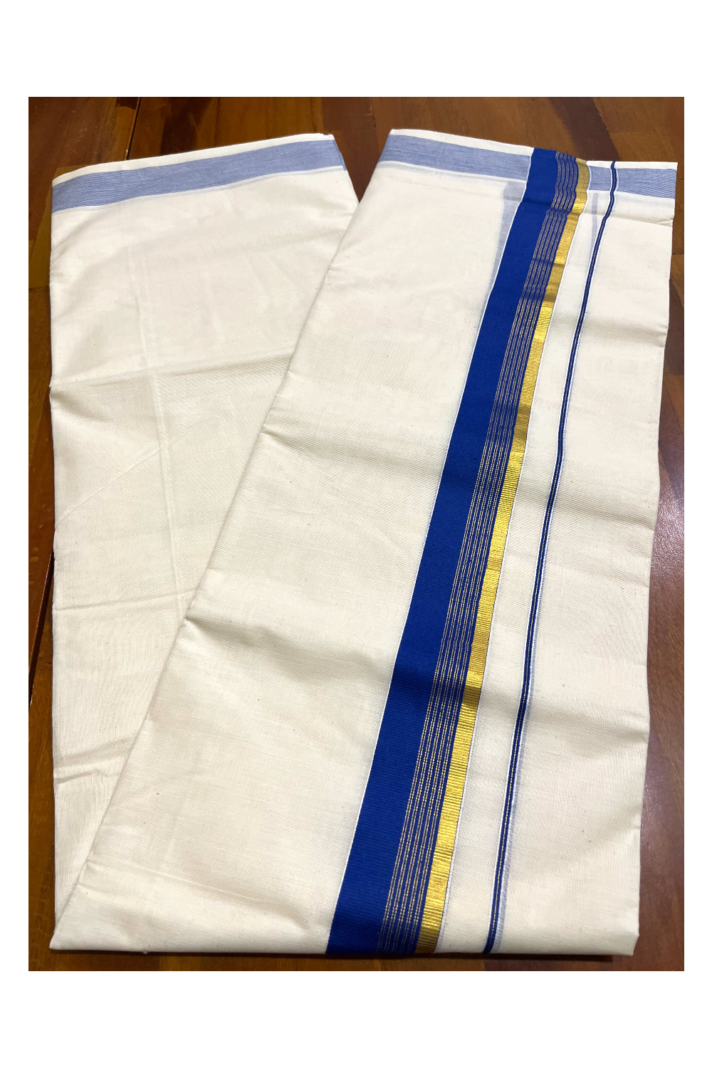 Kerala Pure Cotton Double Mundu with Blue and Kasavu Border (South Indian Kerala Dhoti)