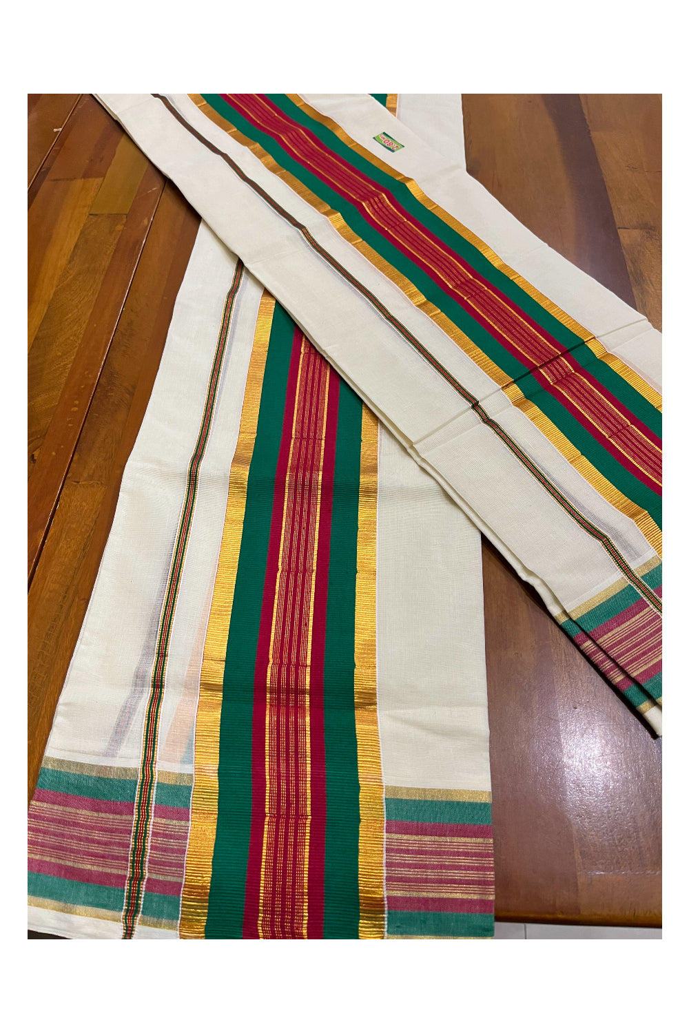 Kerala Cotton Kasavu Set Mundu (Mundum Neriyathum) with Green and Maroon Border 2.80 Mtrs