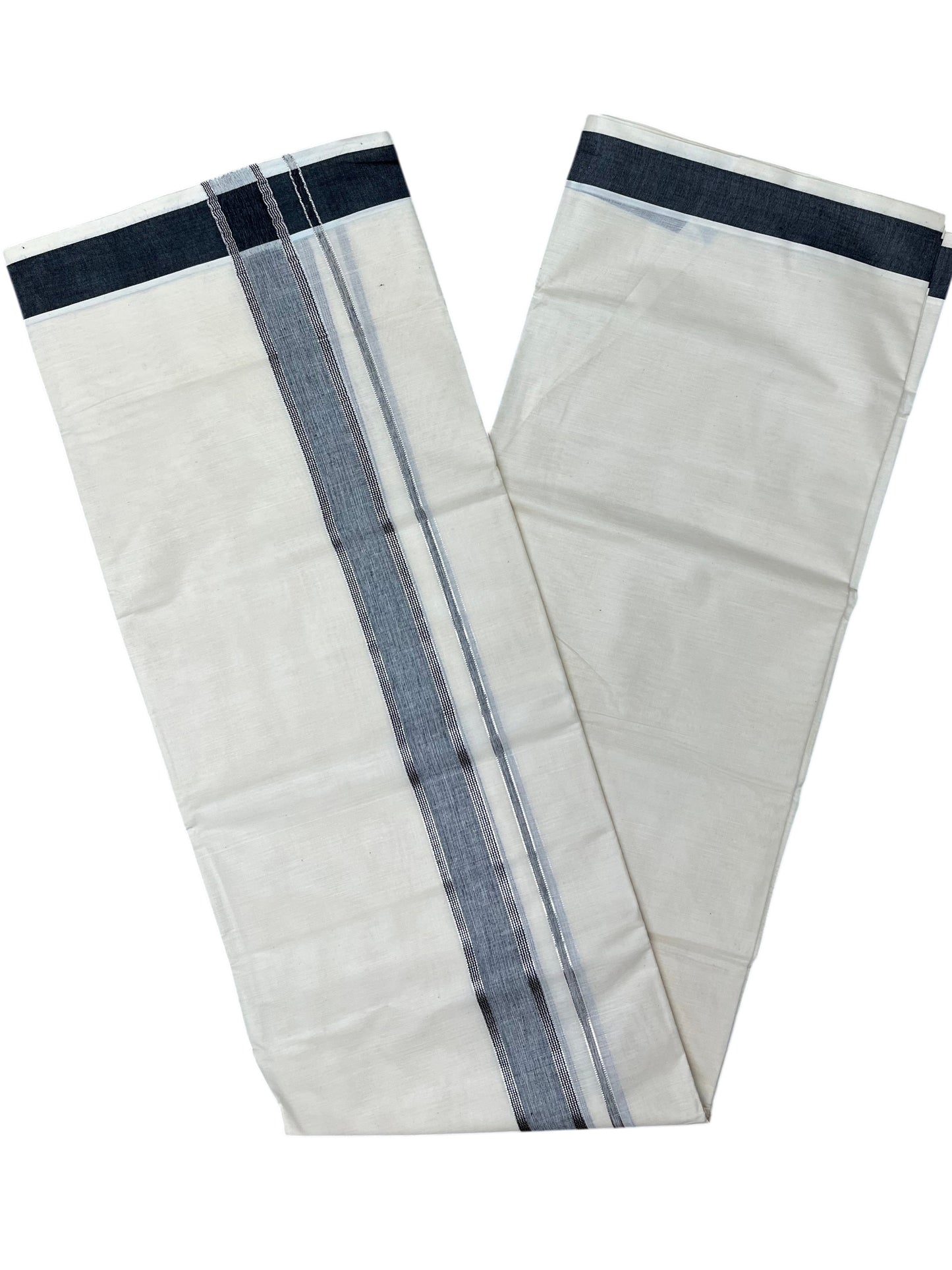 Southloom Kerala Pure Cotton Double Mundu with Silver Lines and Grey Border with (South Indian Dhoti)