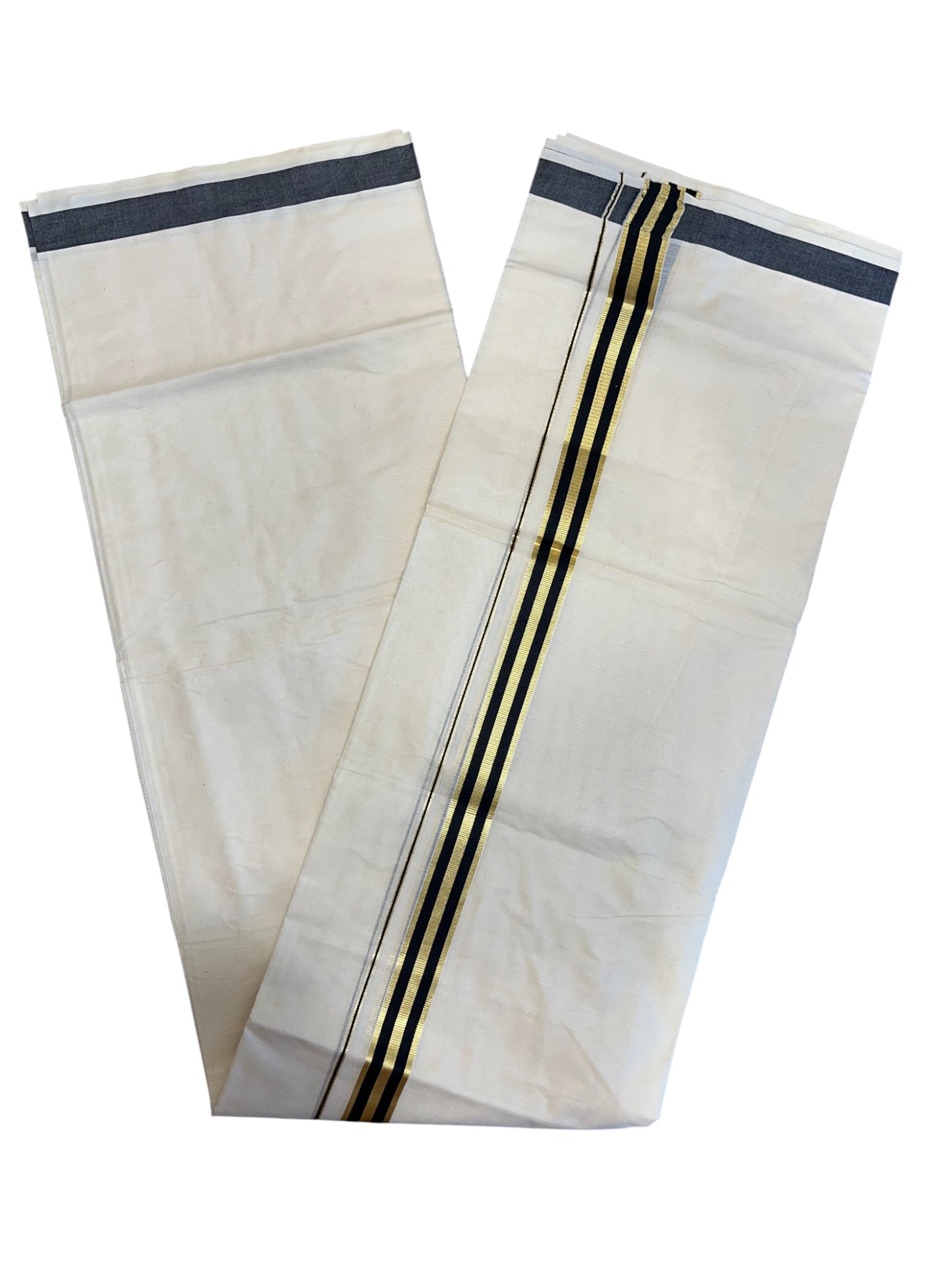 Southloom Pure Cotton  Double Mundu With Gold Kasavu & Black Border (South Indian Kerala Dhoti)