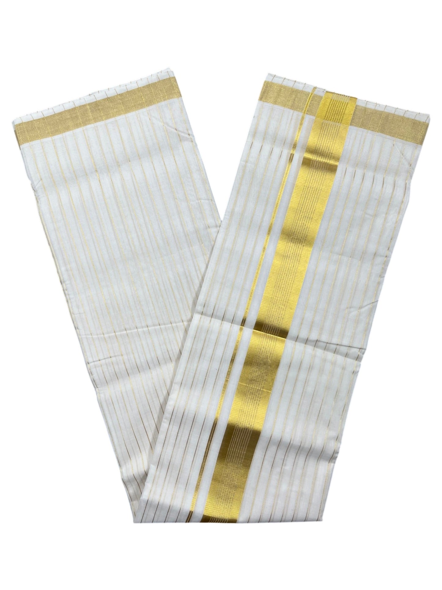 Southloom Premium Handloom Cotton Double Mundu with Gold Kasavu And Gold Lines on Body & Border