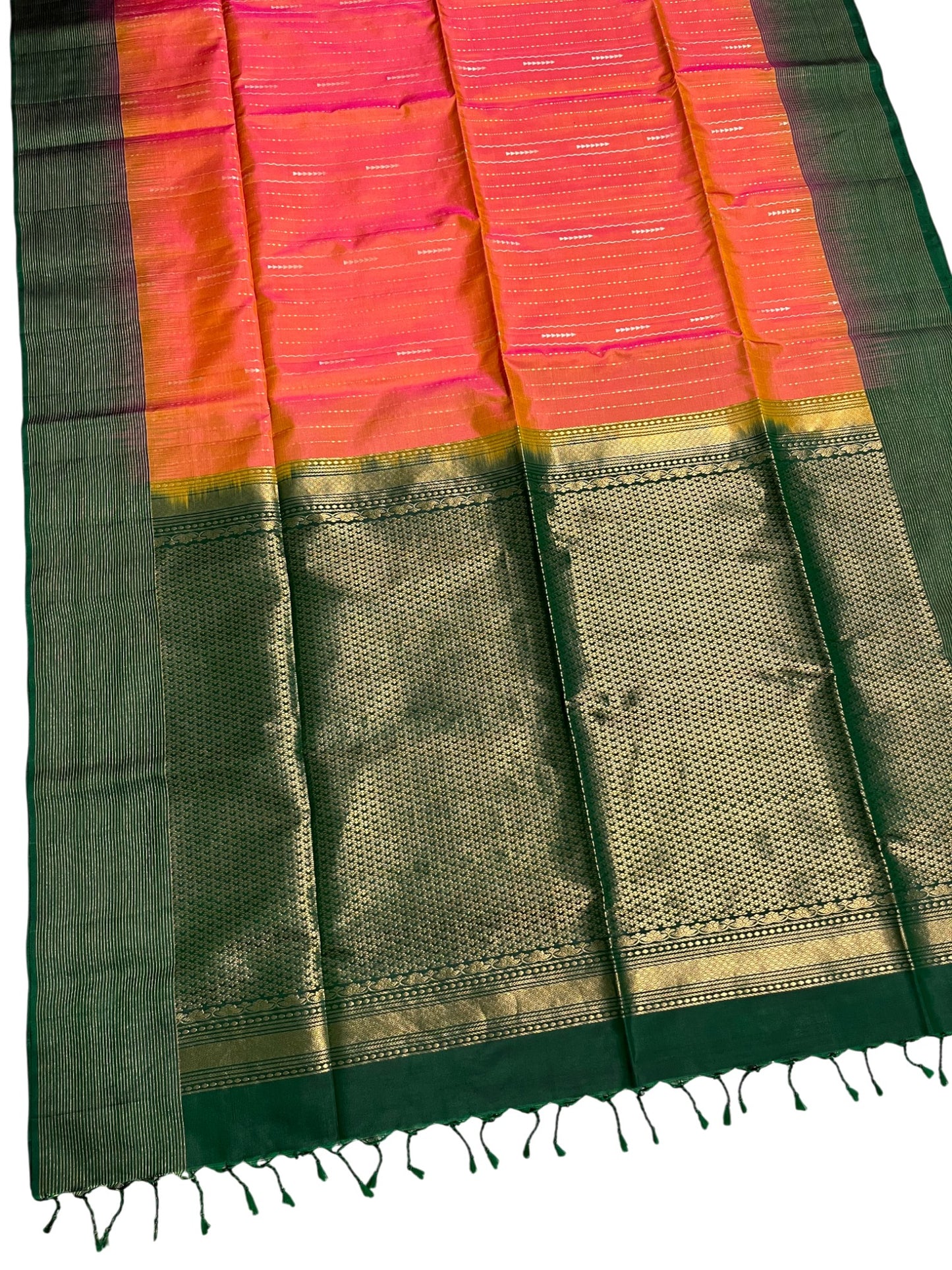 Southloom Pure Handloom Bridal Kanchipuram Silk Saree with Korvai Work (Orange & Green)