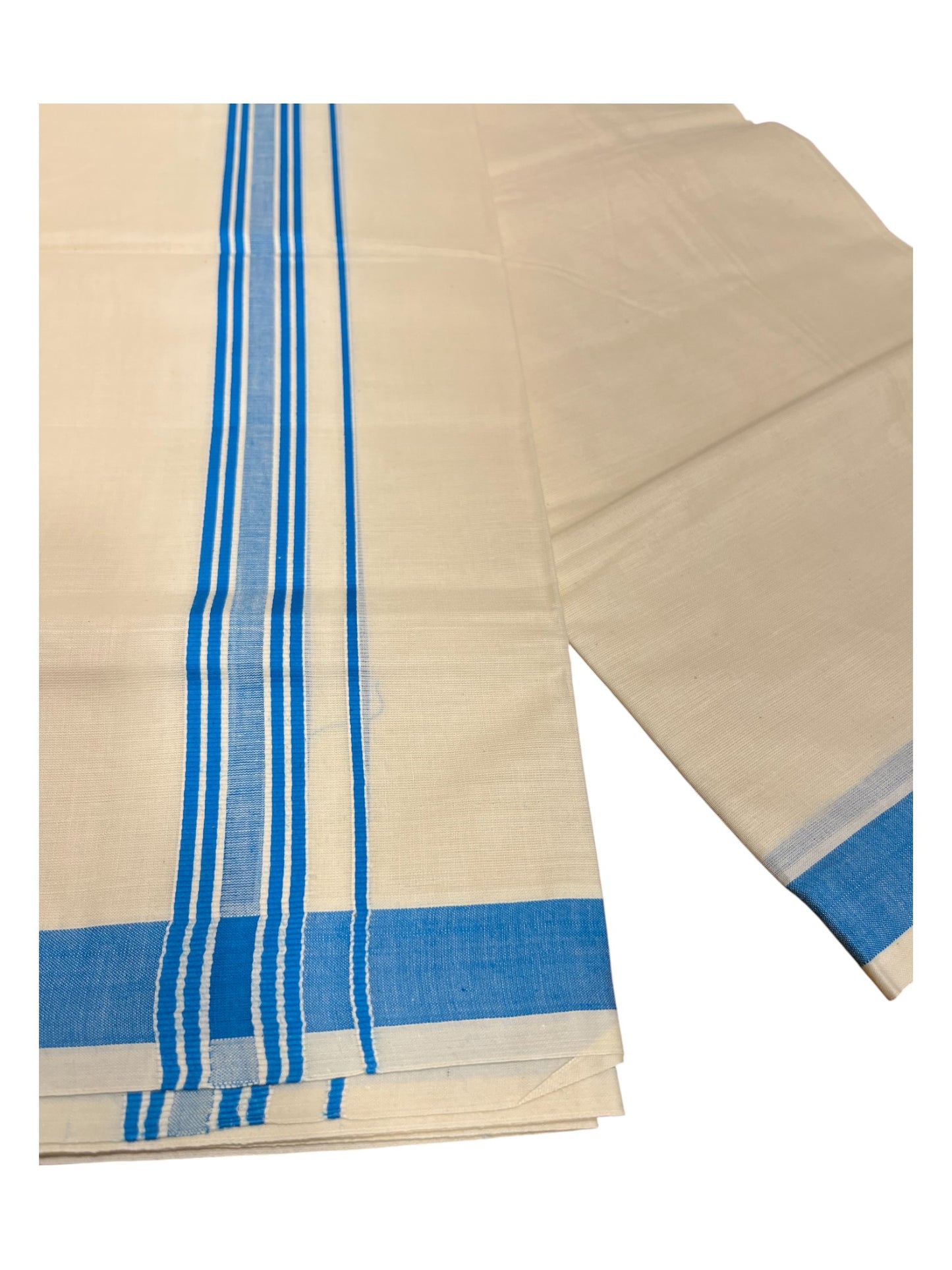 Southloom Pure Cotton Double Mundu With White Lines & Blue Border (South Indian Kerala Dhoti)