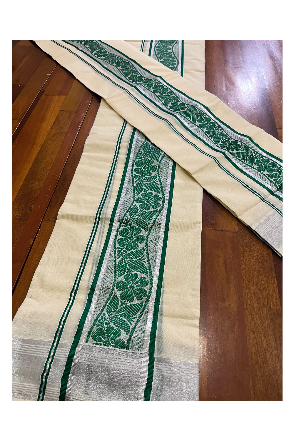 Kerala Cotton Mundum Neriyathum Single (Set Mundu) with Green Woven Designs and Silver Kasavu Border 2.80 Mtrs